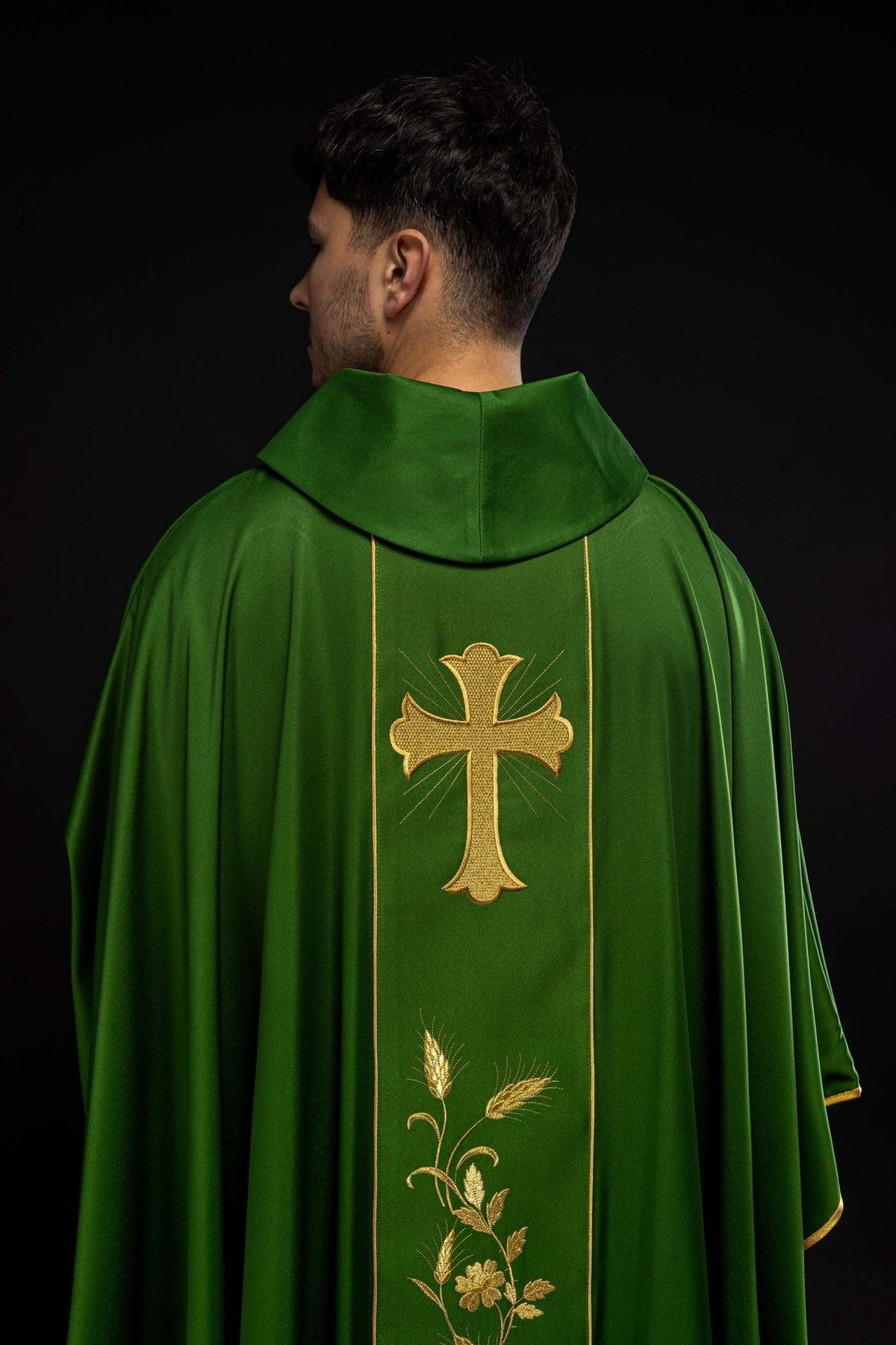 Green chasuble back view with embroidered cross and wheat