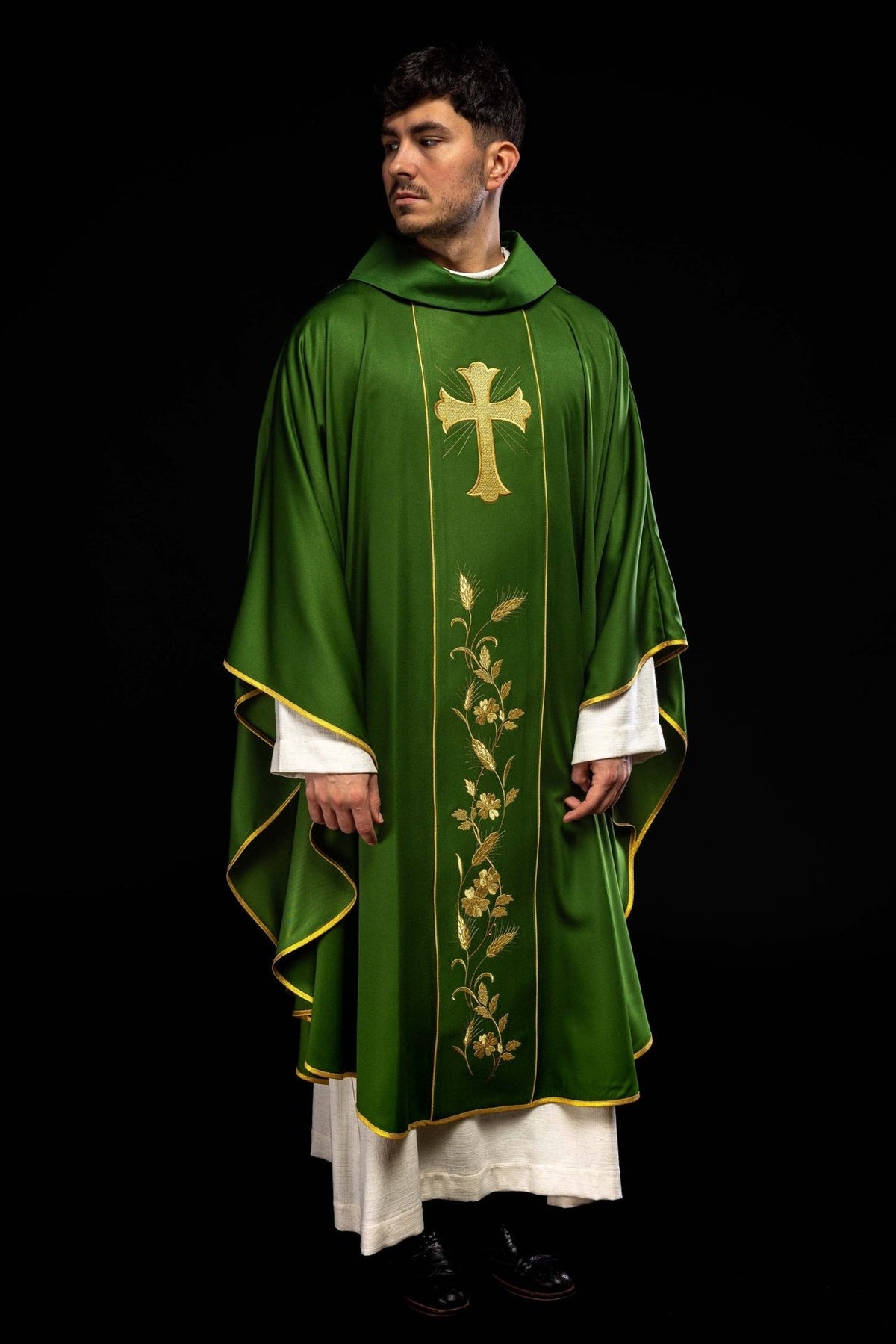 Green chasuble full back view with cross, wheat embroidery and gold trim