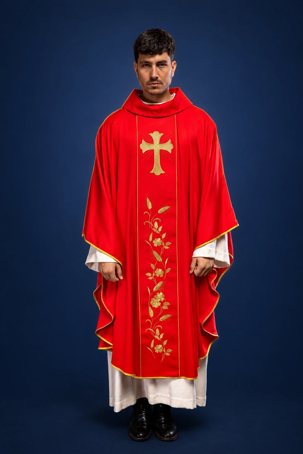 Red Chasuble with Embroidered Cross and Wheat, front view with gold trim