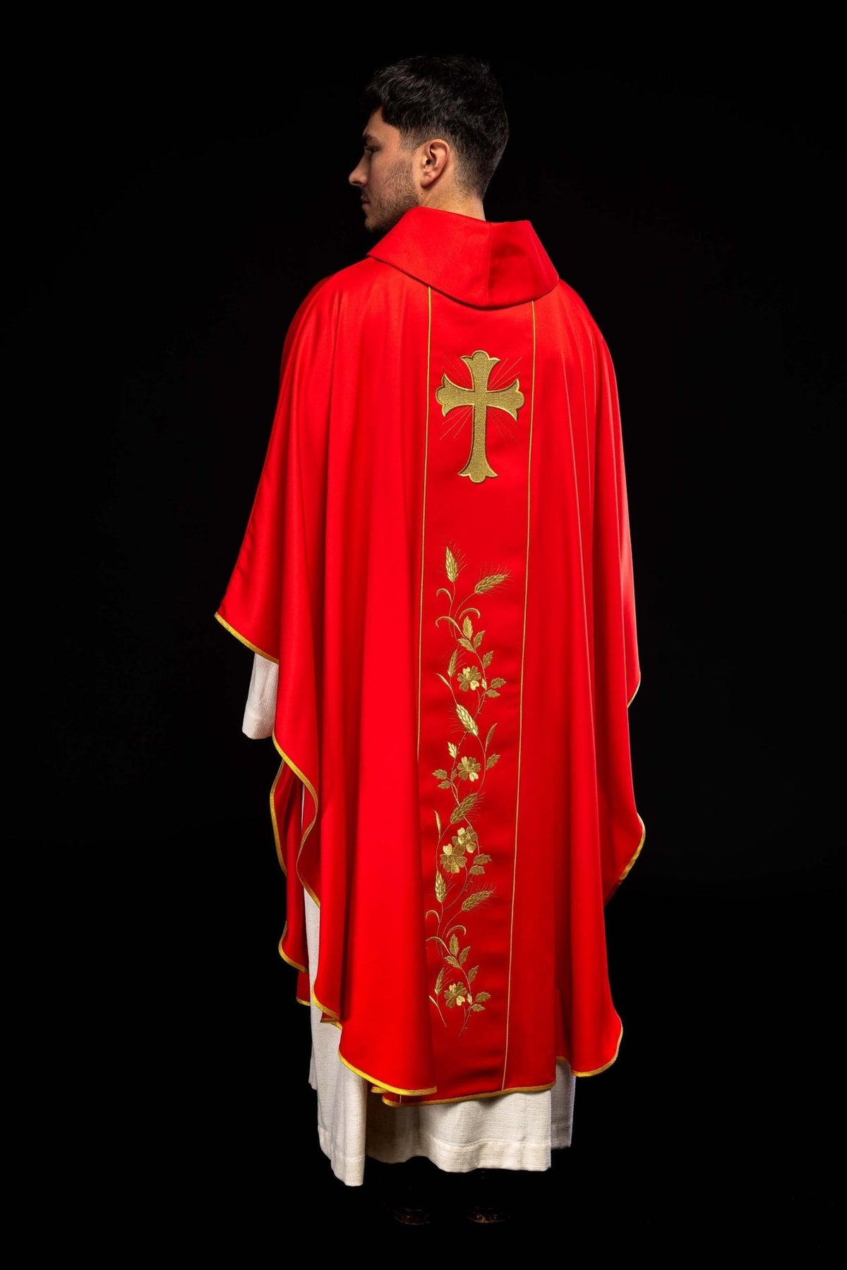 Red chasuble back view with gold cross and wheat embroidery