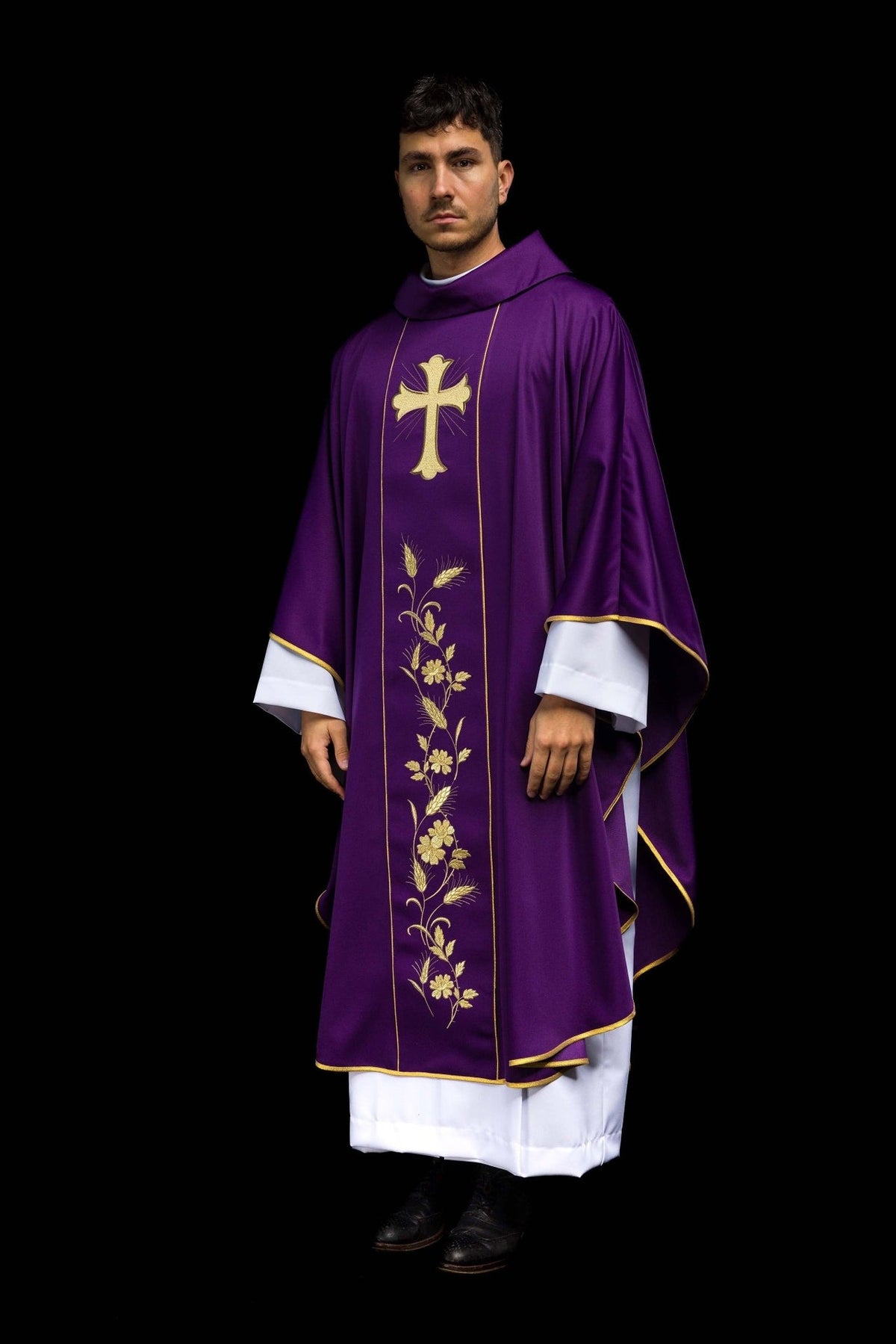 Purple chasuble, full front view with gold cross and wheat embroidery