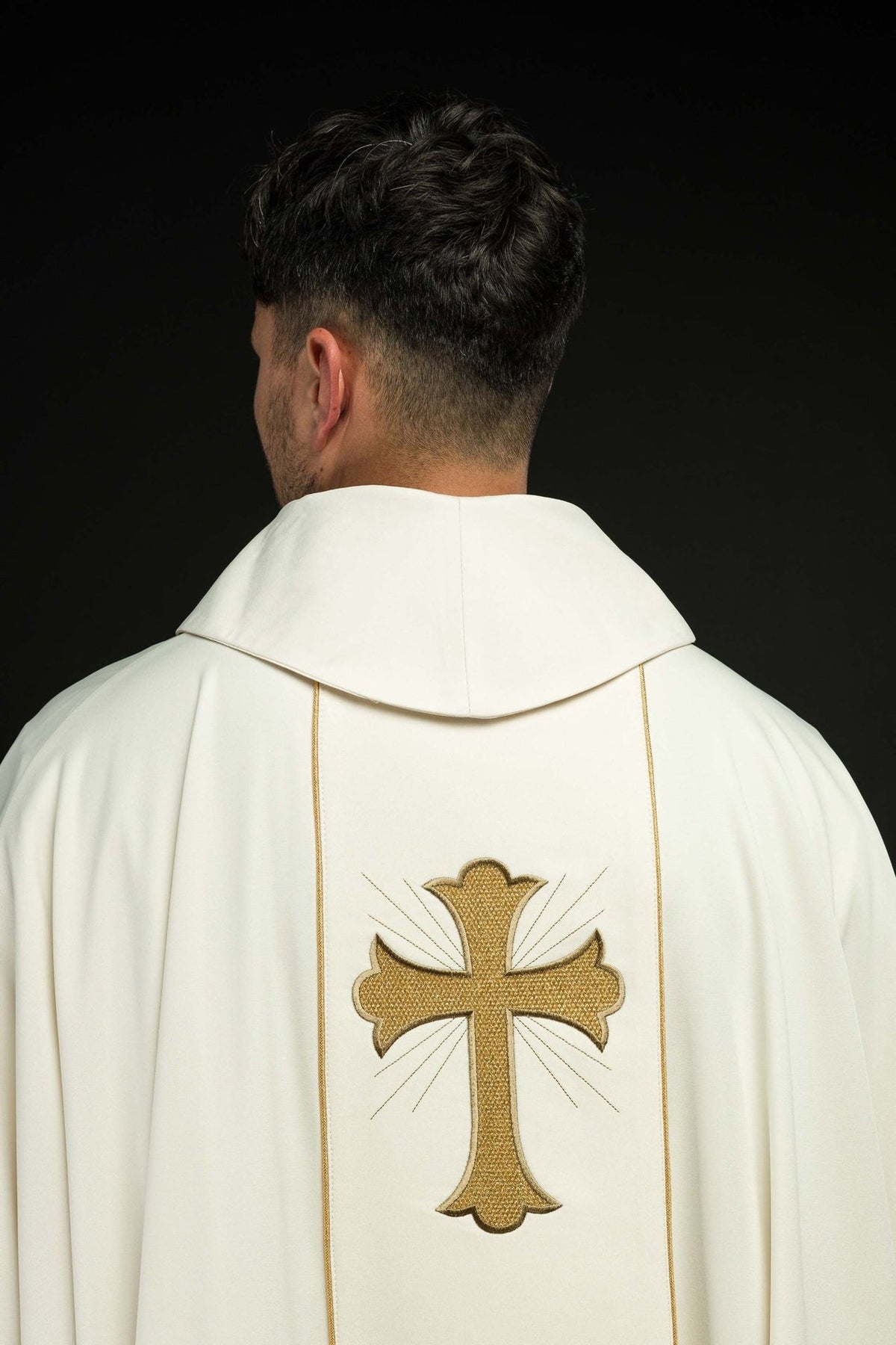 Ecru chasuble back view with gold-embroidered cross and wheat
