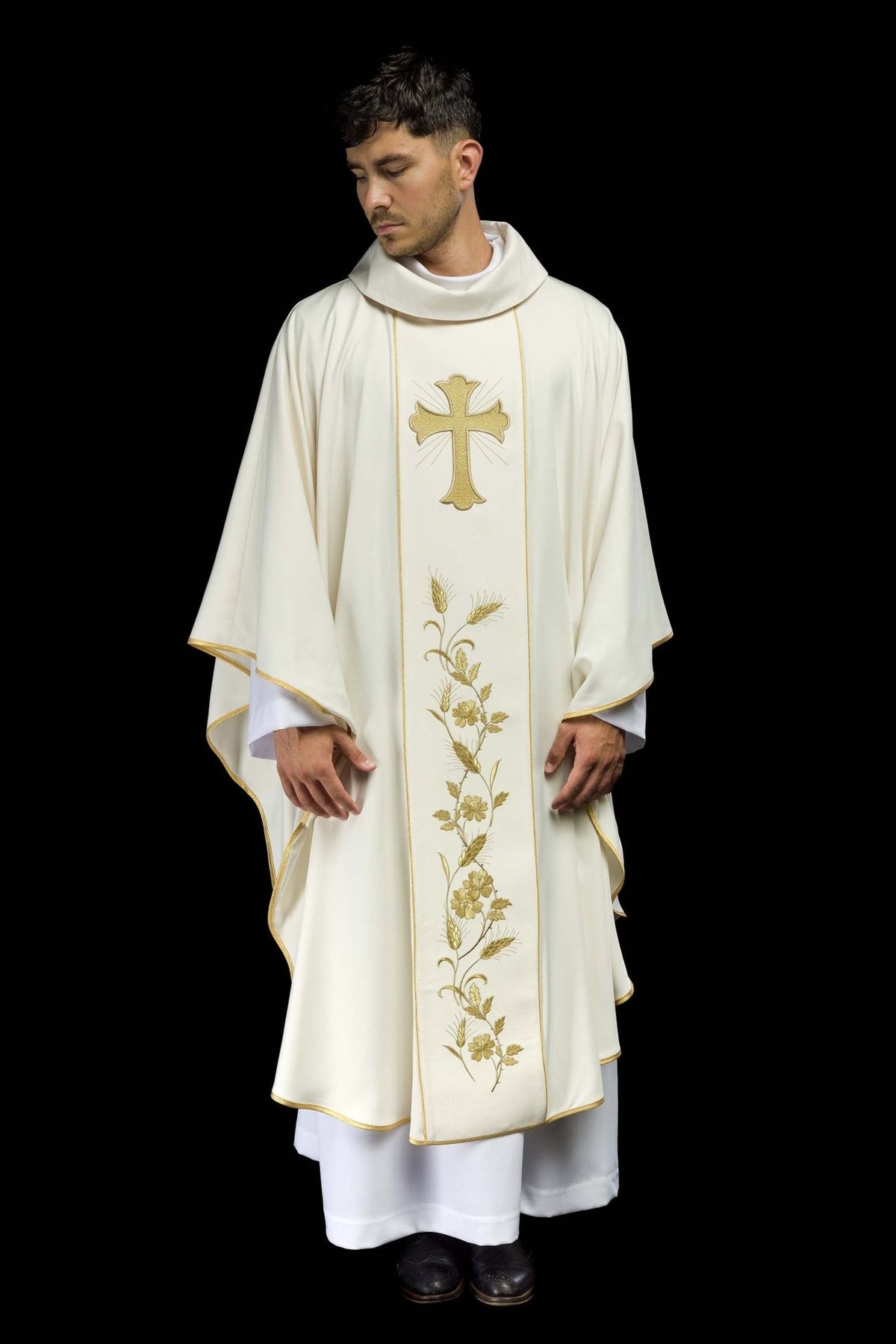 Ecru chasuble front view with gold cross and wheat embroidery