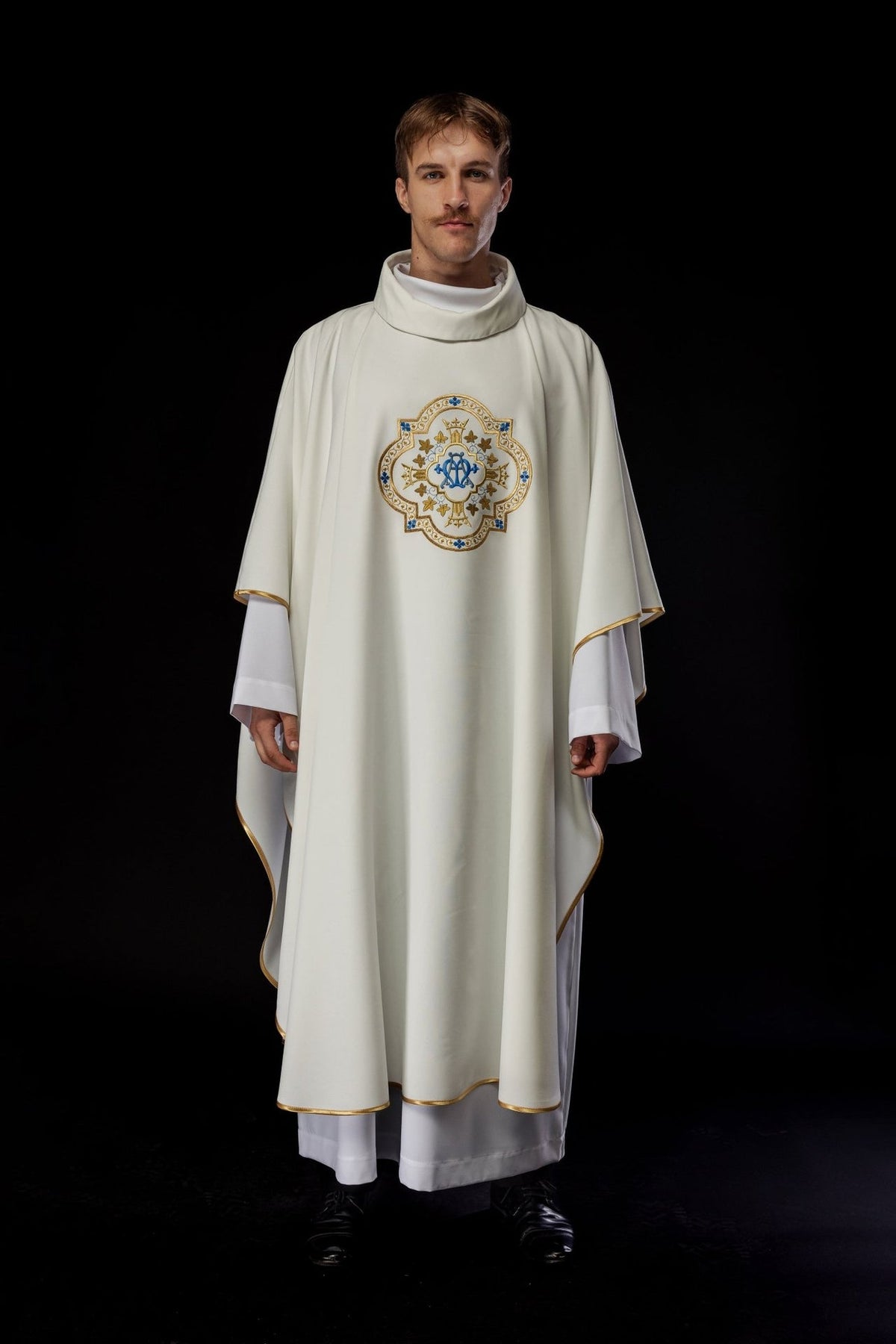 Ecru Marian chasuble, full front view with gold trim and embroidered Marian motif