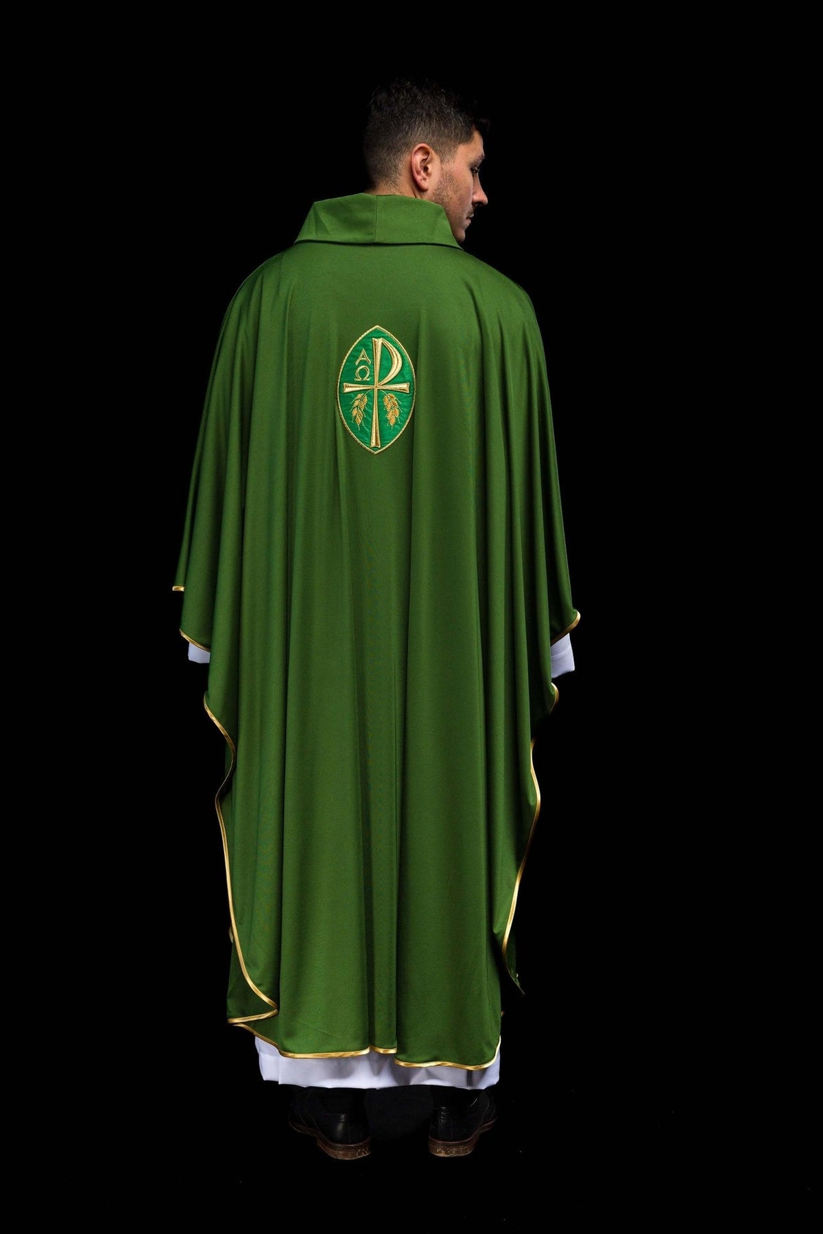 Green chasuble full back view with gold trim and embroidered cross