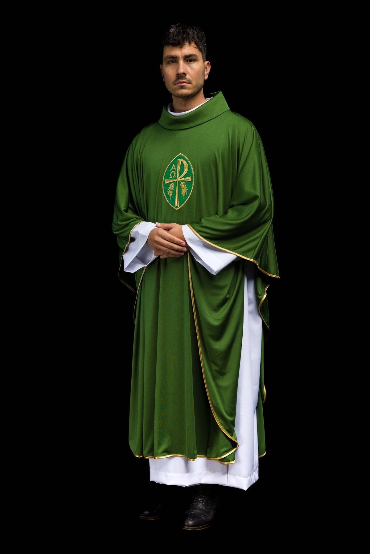 Green chasuble three-quarter front view with stand-up collar and gold trim