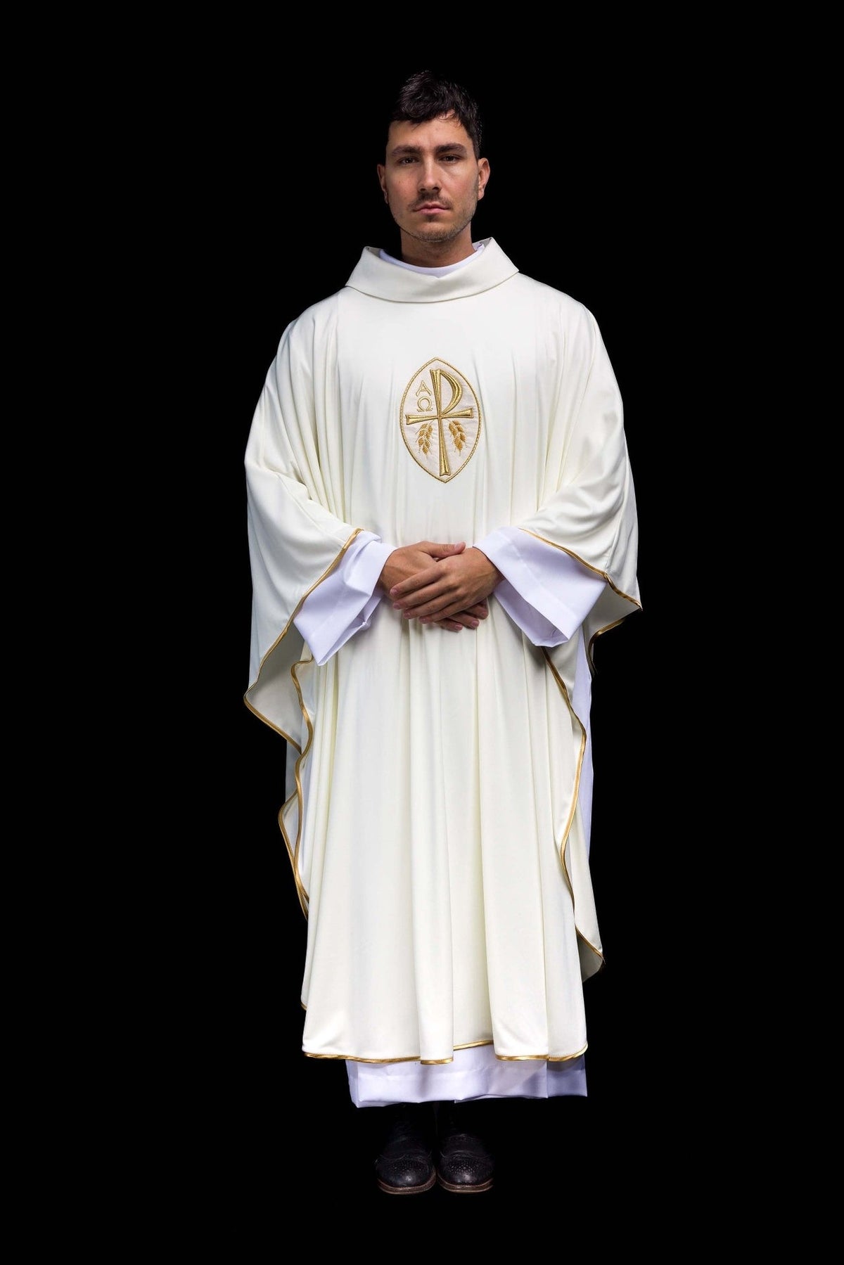 Ecru cross chasuble, full front view with gold embroidered cross and gold trim
