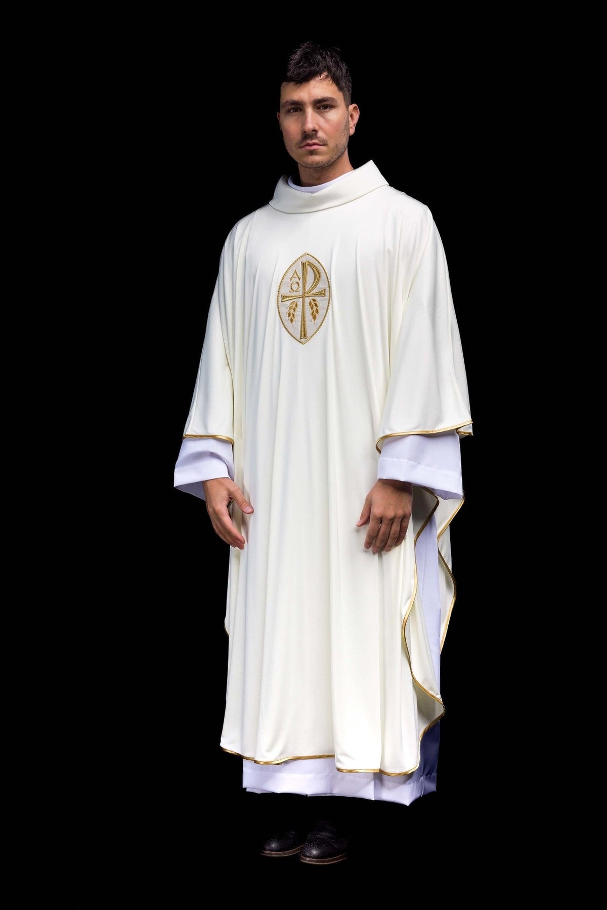 Ecru chasuble angled front view with gold embroidery and trim