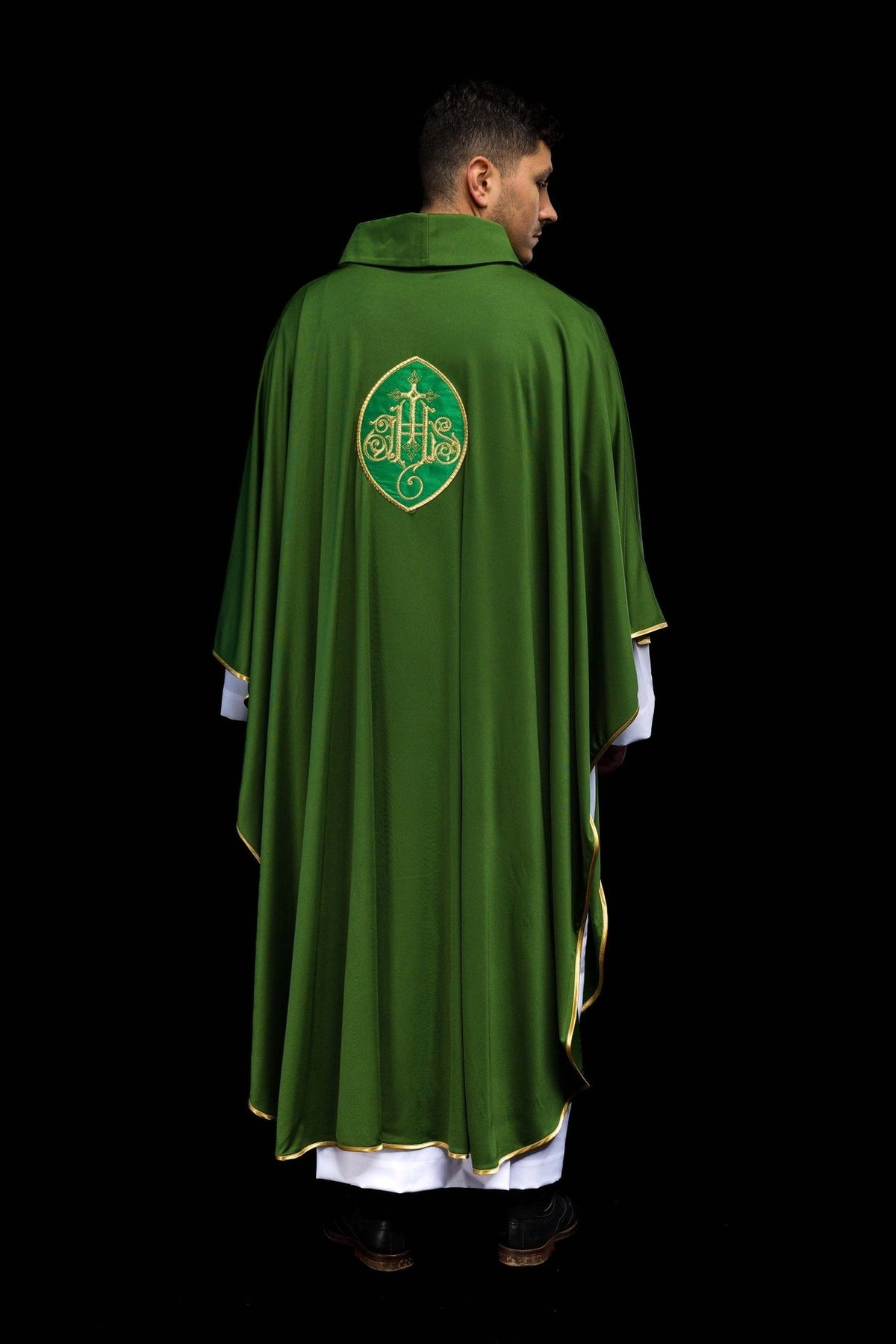 Green chasuble back view with gold embroidered motif and stand-up collar