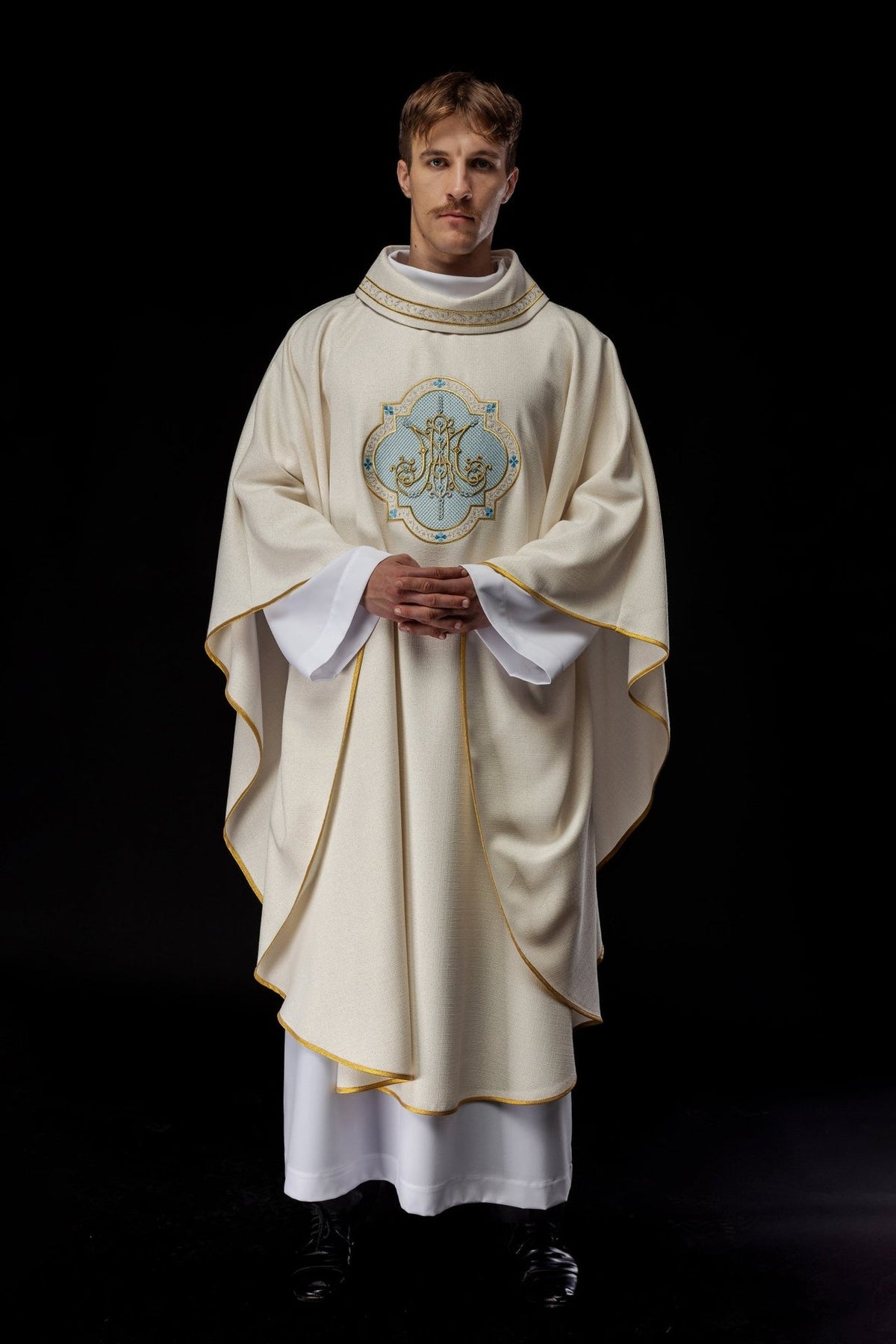 Ecru Marian chasuble, full front view with embroidered Marian motif and gold trim
