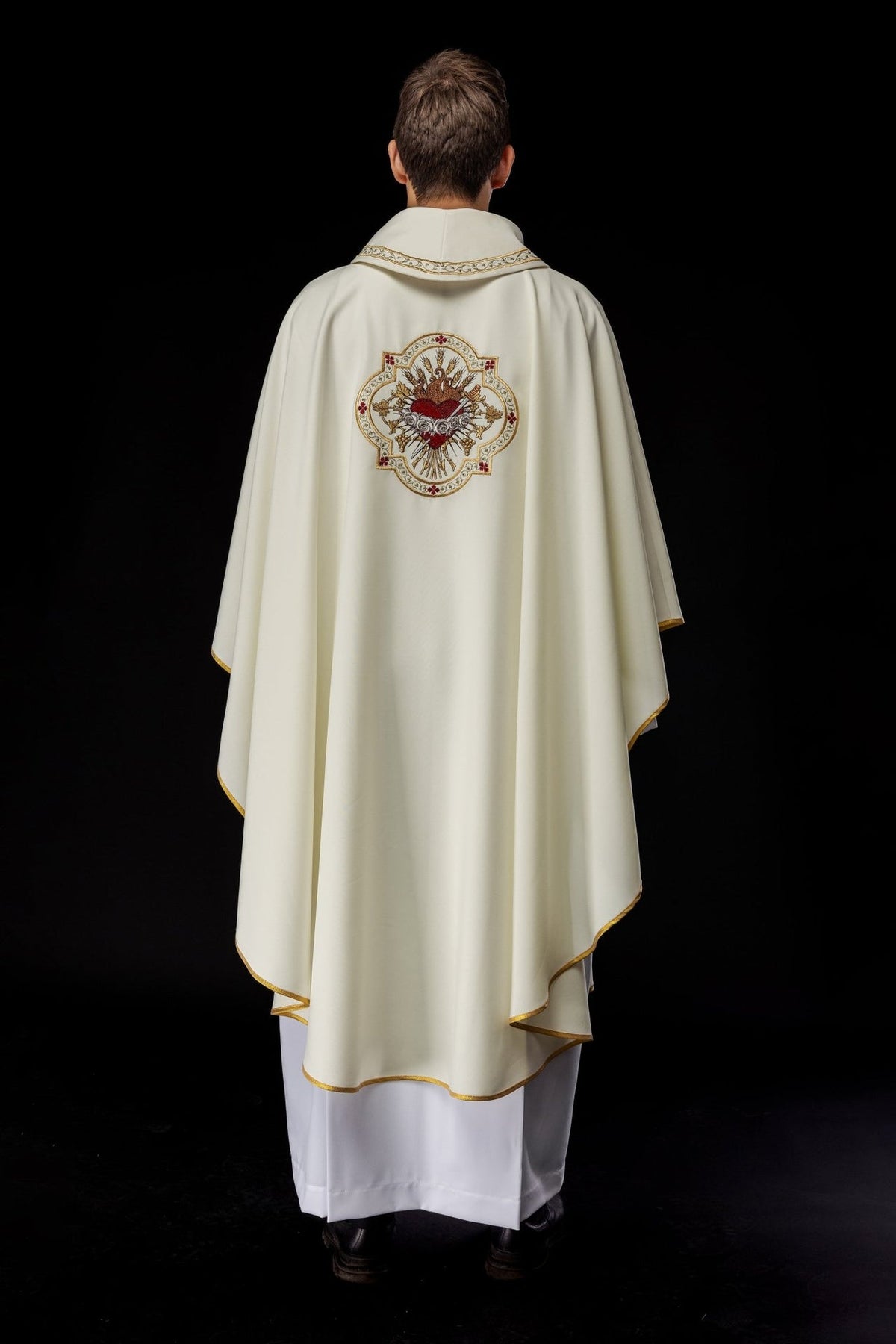 Ecru chasuble back view showing central Heart of Mary embroidery