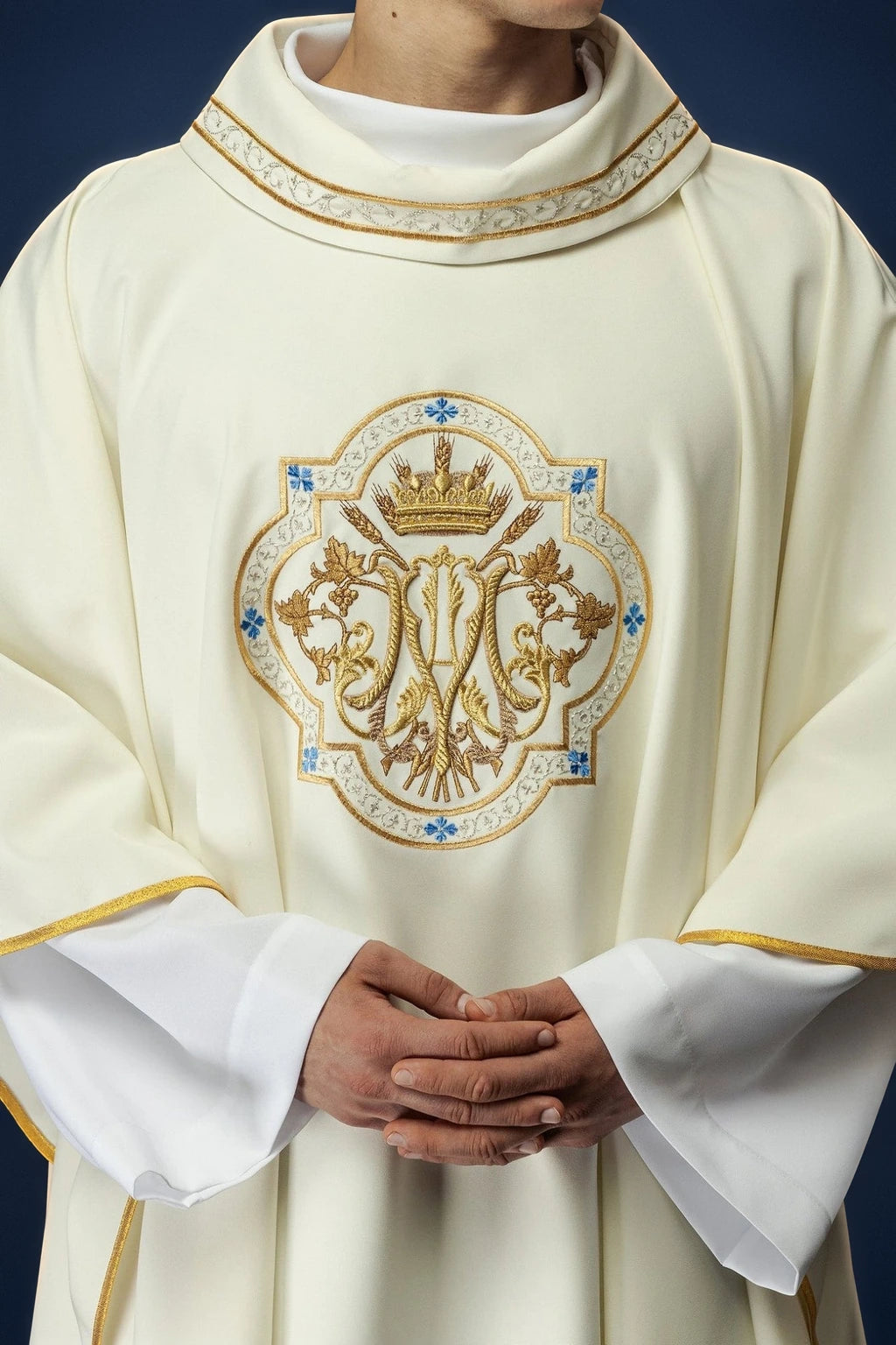 Embroidered Catholic Chasuble with a Marian Motif in Ecru, front view with gold trim and Marian motif
