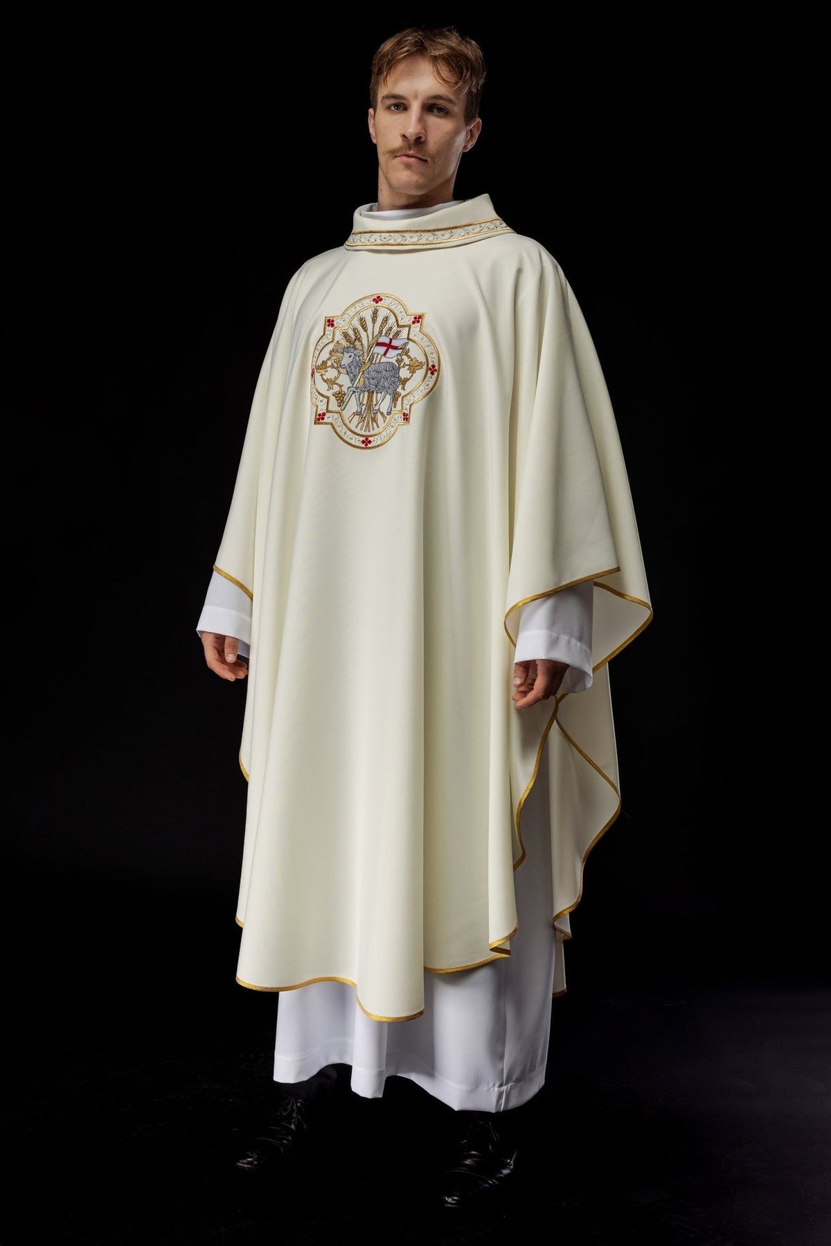 Ecru Agnus Dei chasuble, full front view with gold trim
