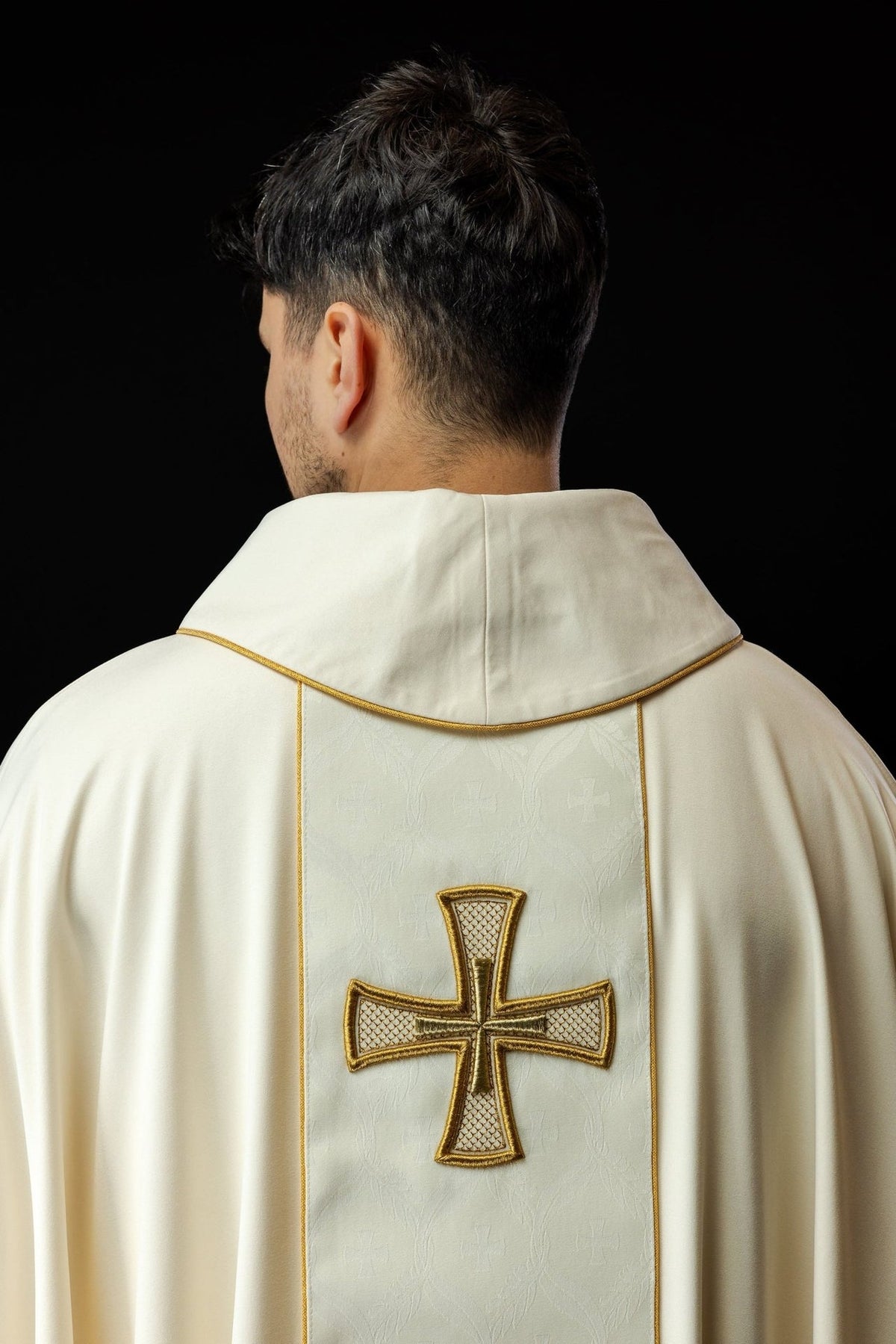 Catholic chasuble back view with ivory orphrey, embroidered cross and gold trim
