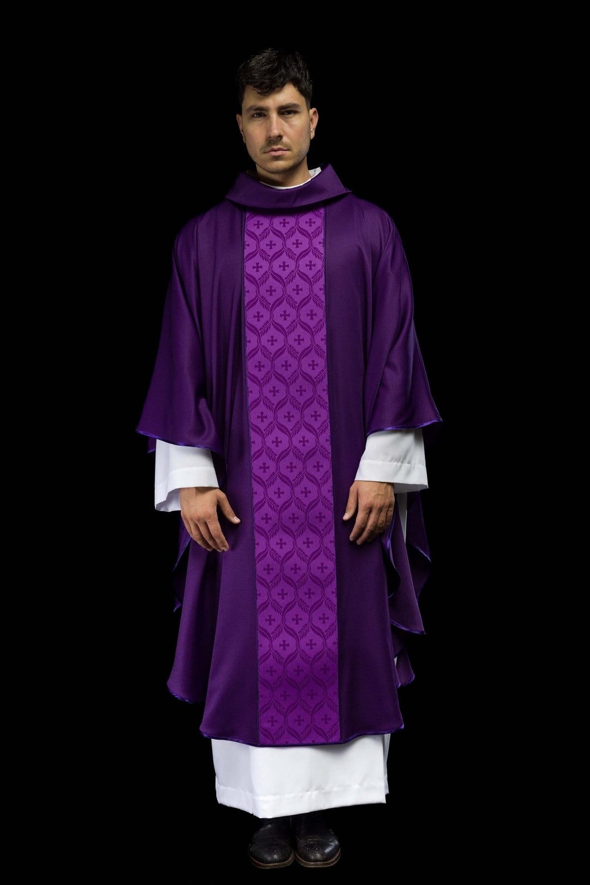 Purple chasuble front view with jacquard orphrey and crosses