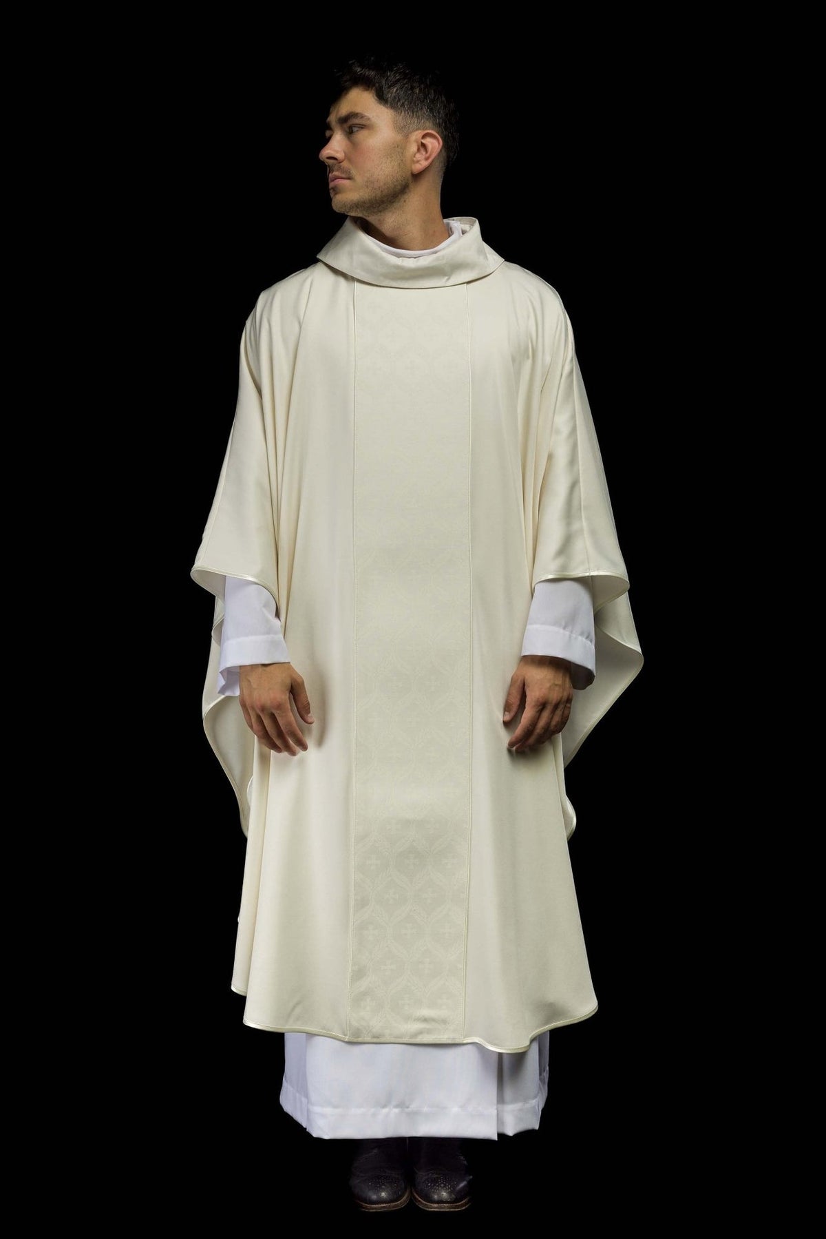 Ecru chasuble, full front view with jacquard orphrey and cross motifs
