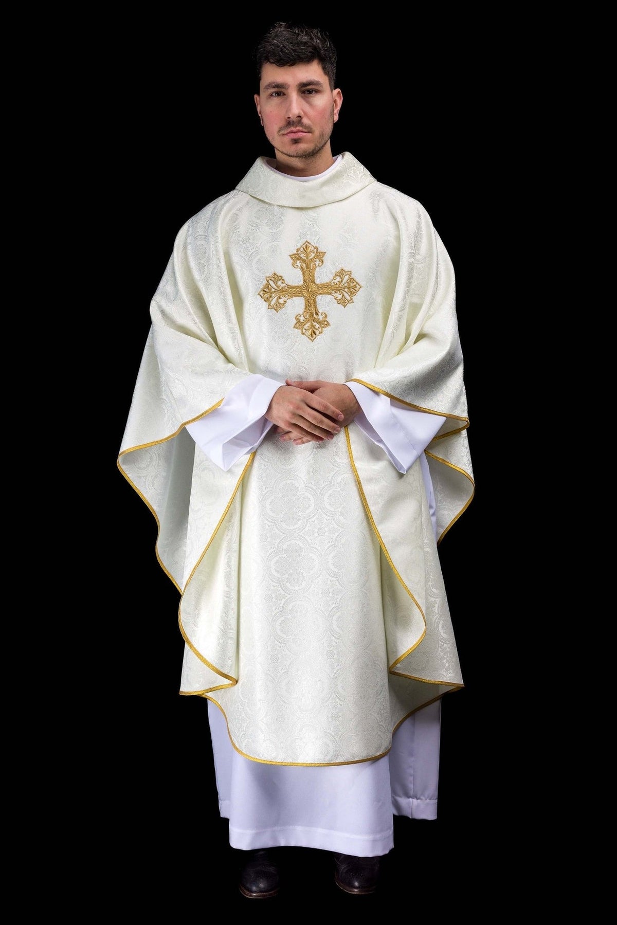 Ecru chasuble front view with gold cross embroidery and gold trim