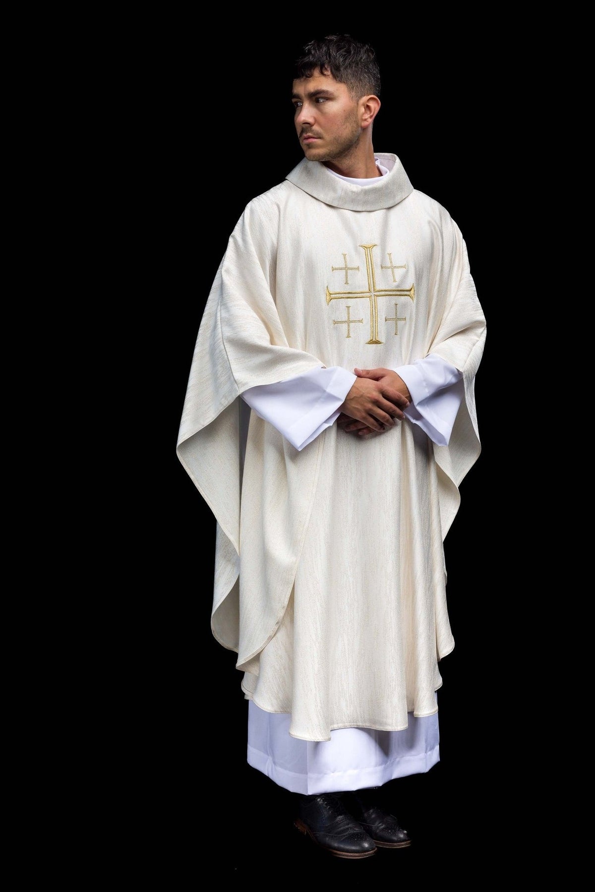Ecru chasuble, full front view with gold Jerusalem cross embroidery