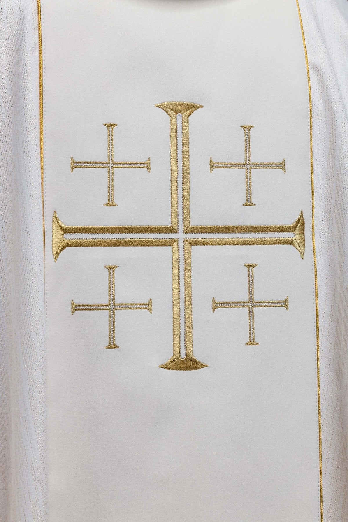 Chasuble orphrey back close-up with a gold Jerusalem cross