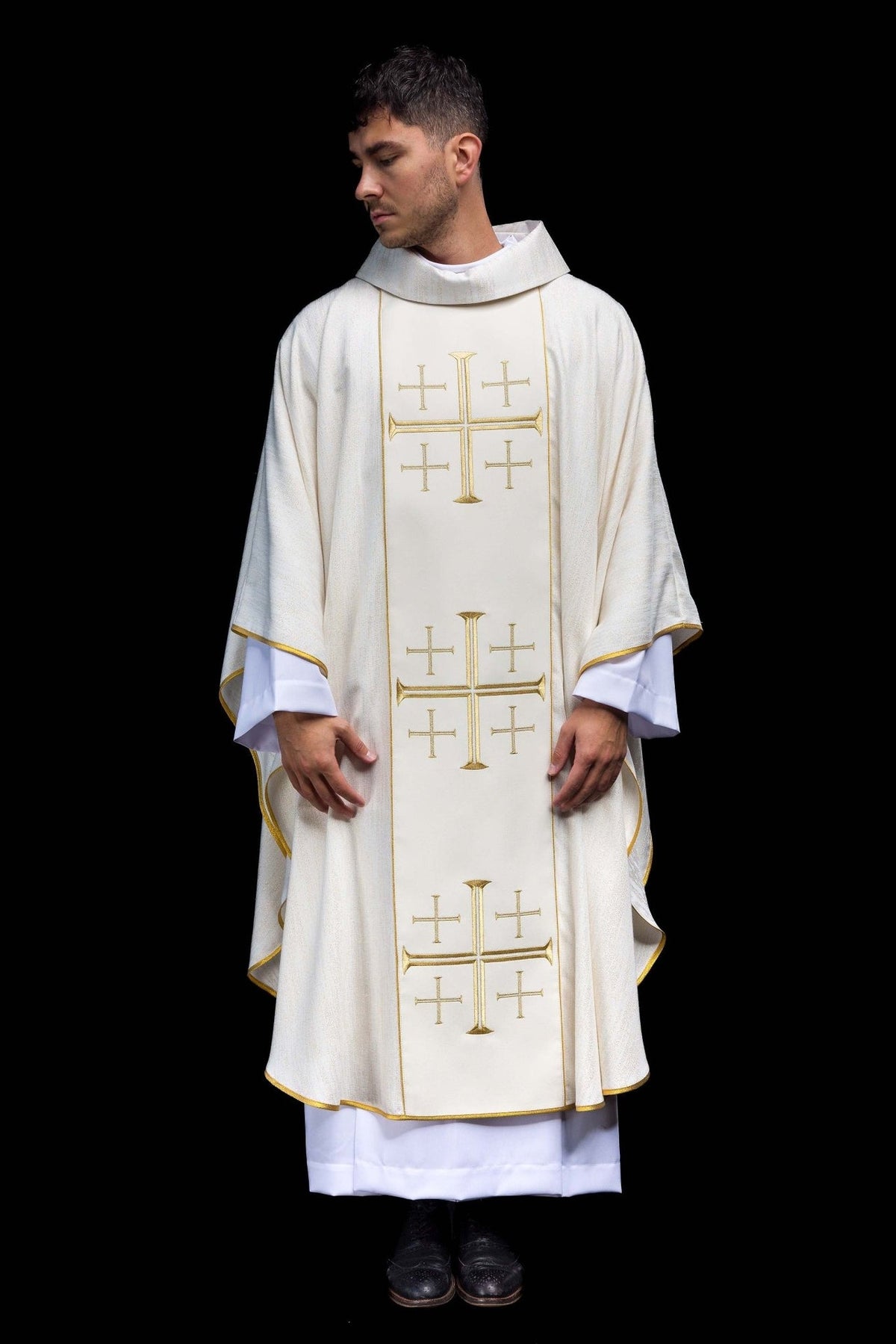 Ecru chasuble front view with three gold Jerusalem cross motifs