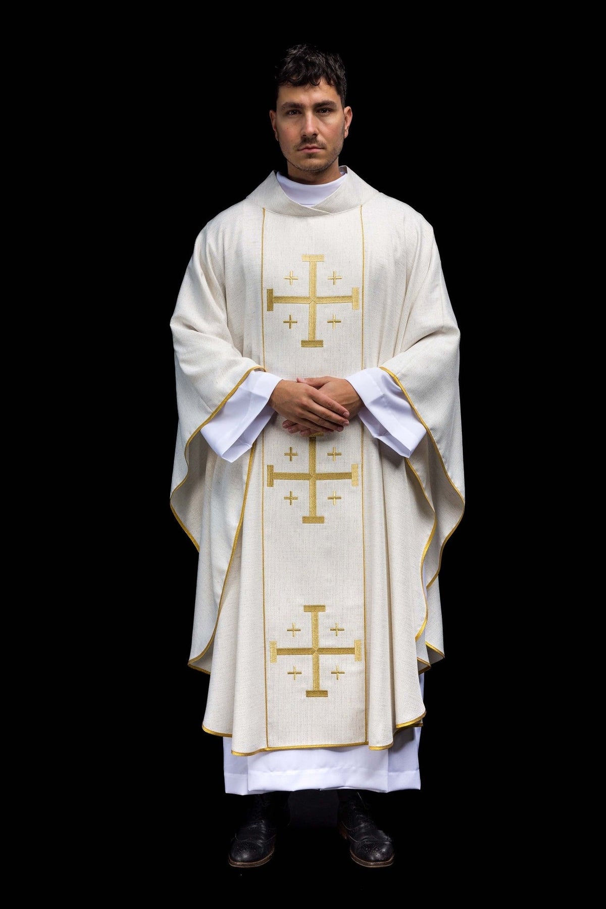 Ecru chasuble front view with gold Jerusalem cross embroidery and trim