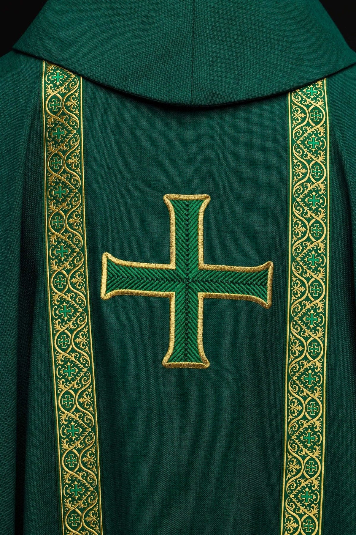 Green chasuble back close-up with gold cross and jacquard orphreys