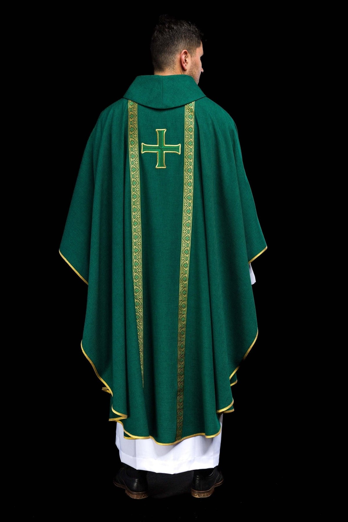 Green chasuble back view with embroidered cross and jacquard orphreys