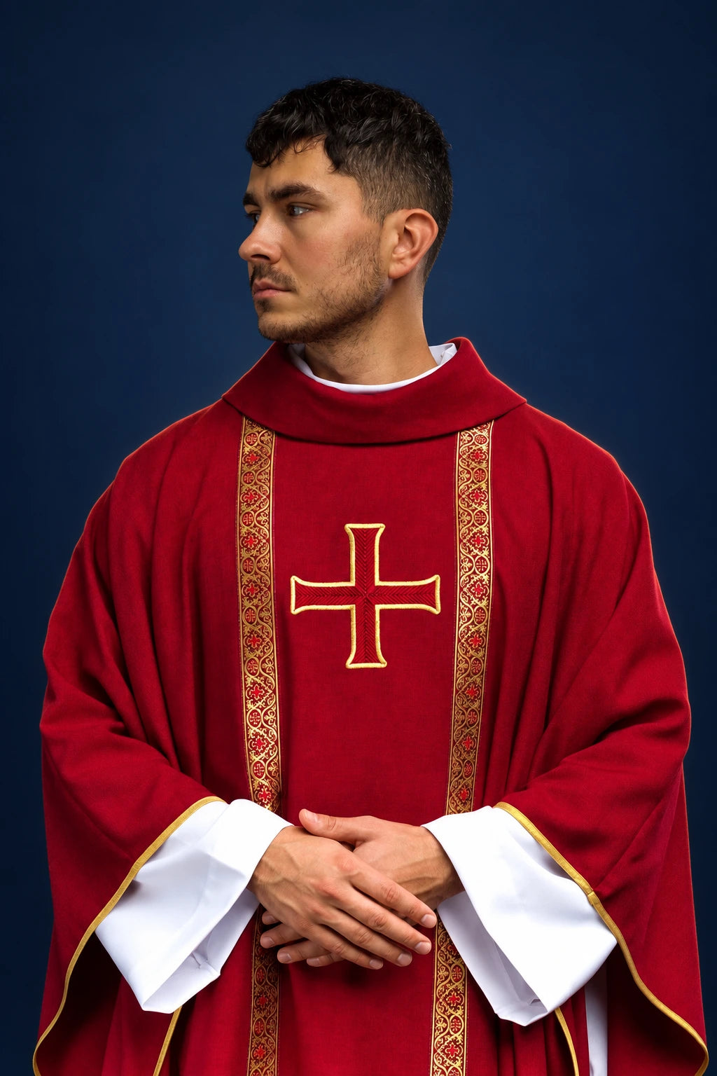 Red Liturgical Chasuble with Embroidered Cross and Jacquard Orphreys, front worn view