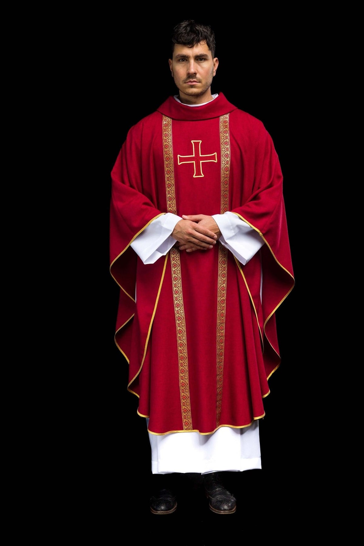 Red liturgical chasuble full front view with gold cross, orphrey and trim