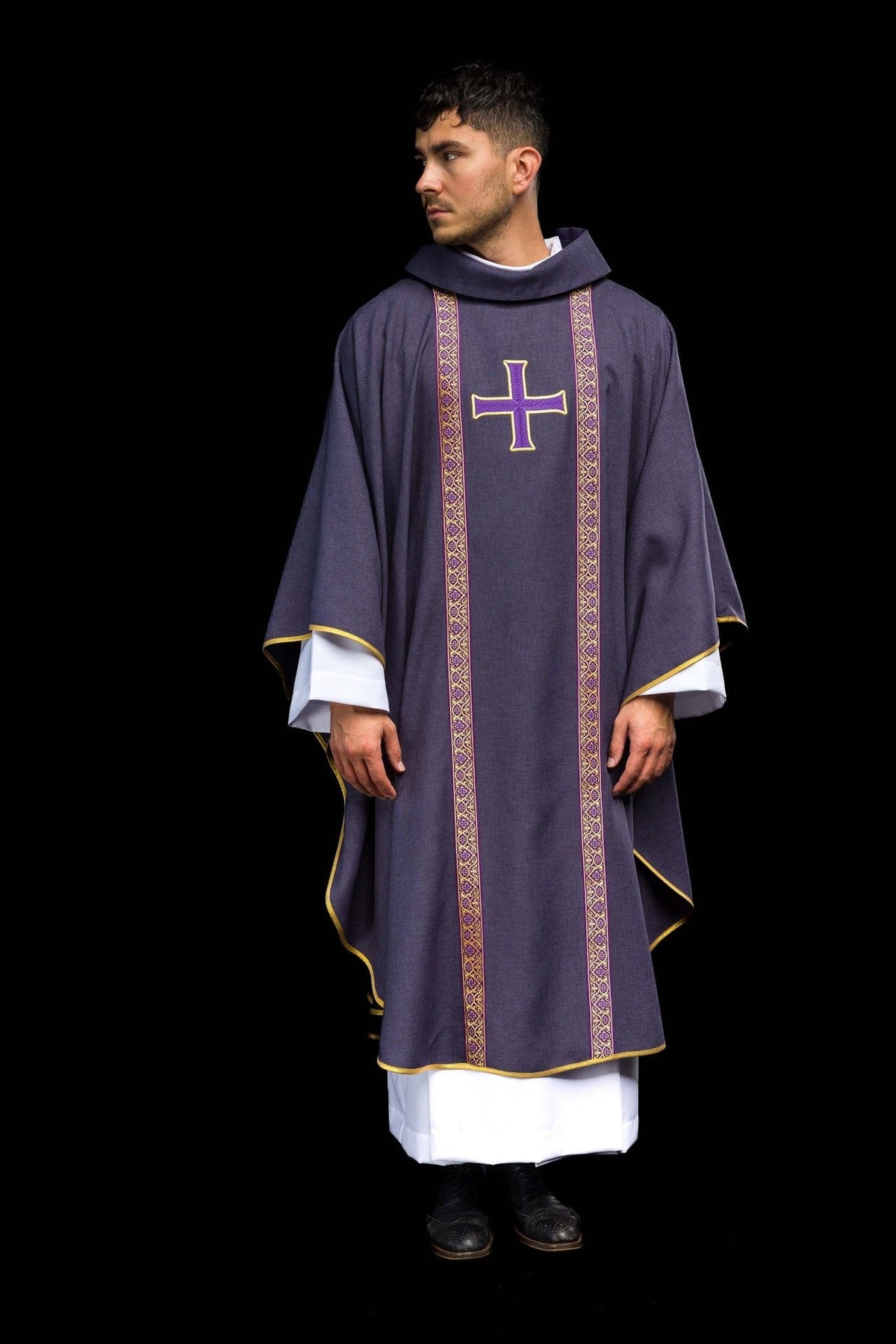 Purple chasuble, full front view with gold cross and ornate embroidered orphreys