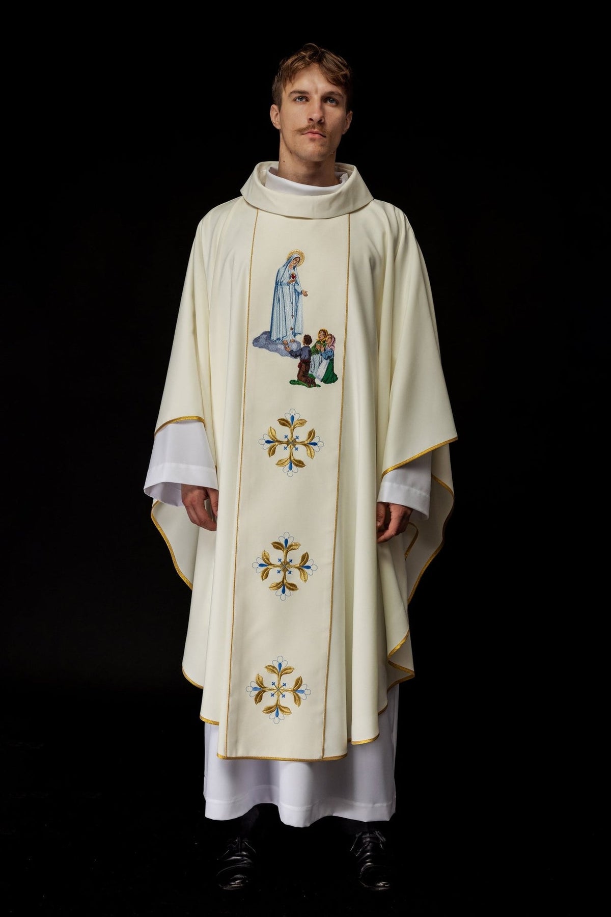 Chasuble front view with Our Lady embroidery and blue and gold motifs