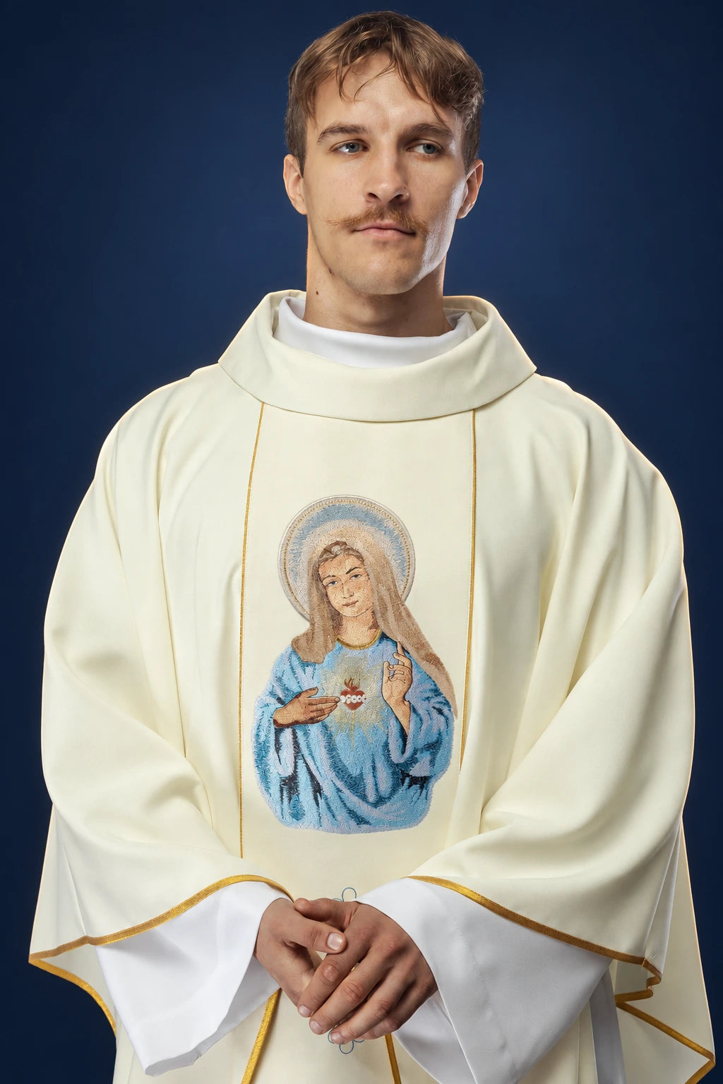 Embroidered Catholic Chasuble with the Heart of Mary, front view in ivory with gold trim