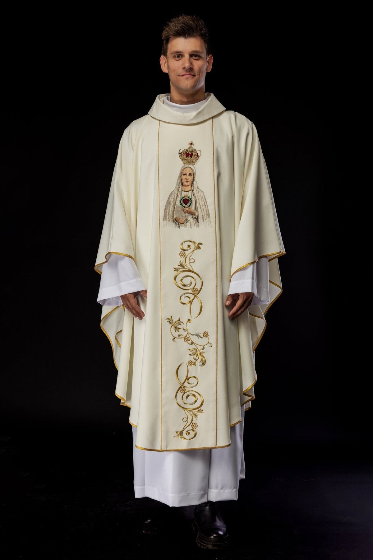 Ivory chasuble front view with Our Lady of Fátima embroidery and gold scrollwork