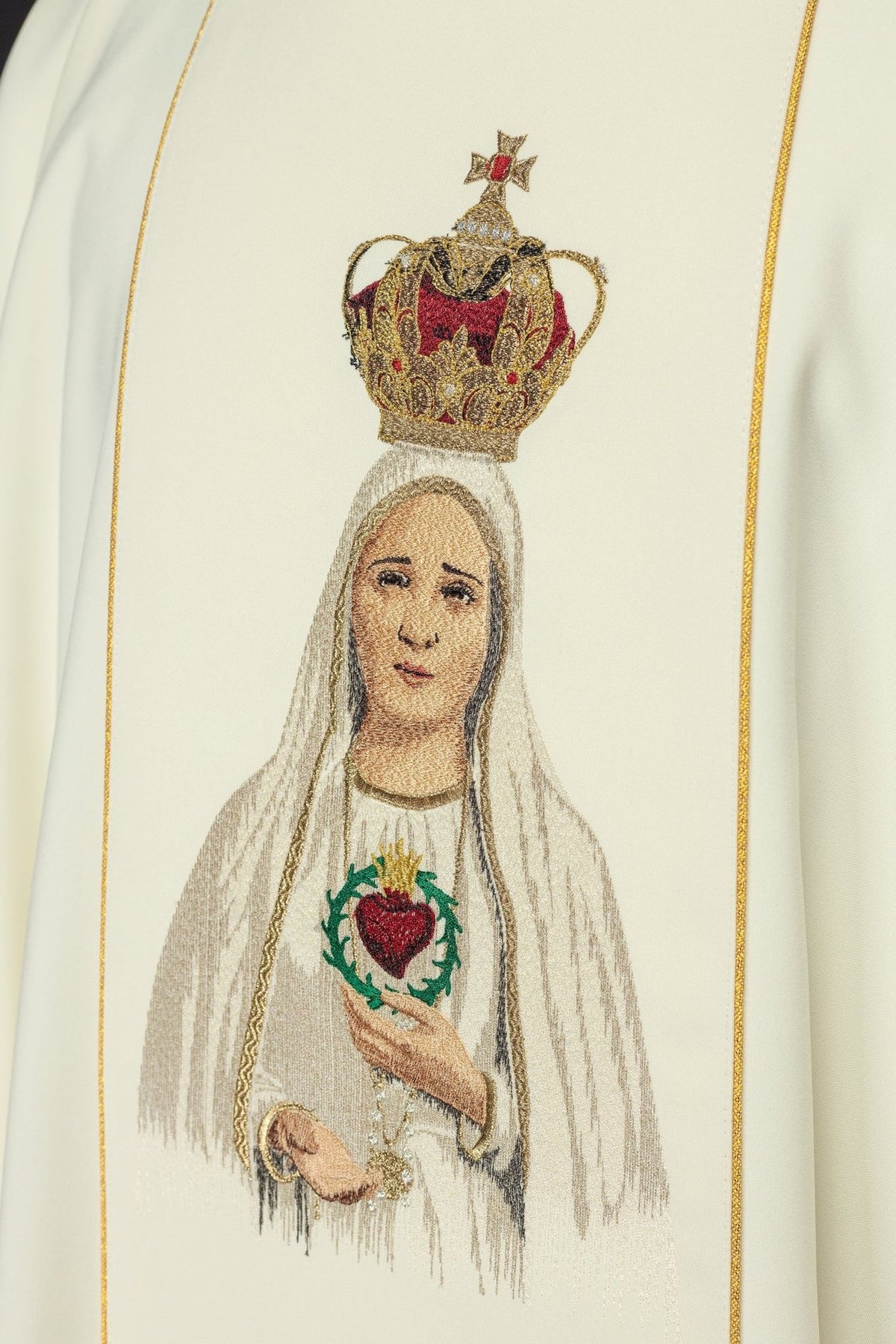 Chasuble close-up of embroidered Our Lady of Fátima wearing a crown