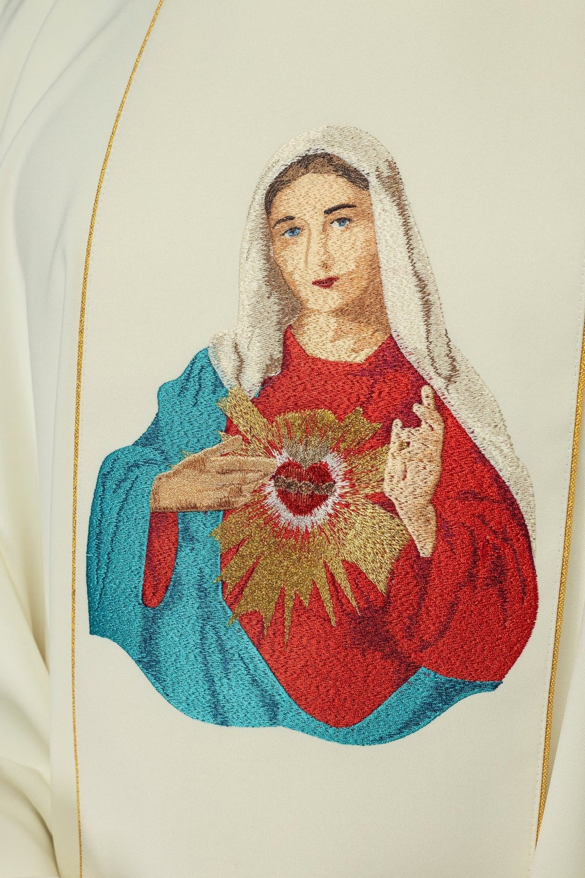 Heart of Mary chasuble, close-up of colorful embroidered front motif