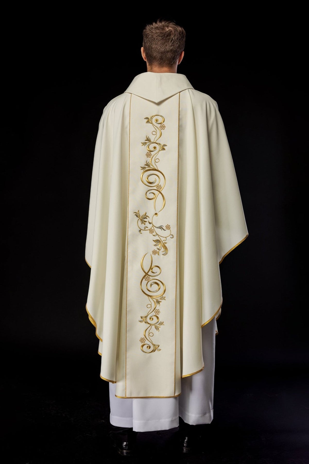 Heart of Mary chasuble, full back view in ivory with floral gold embroidery