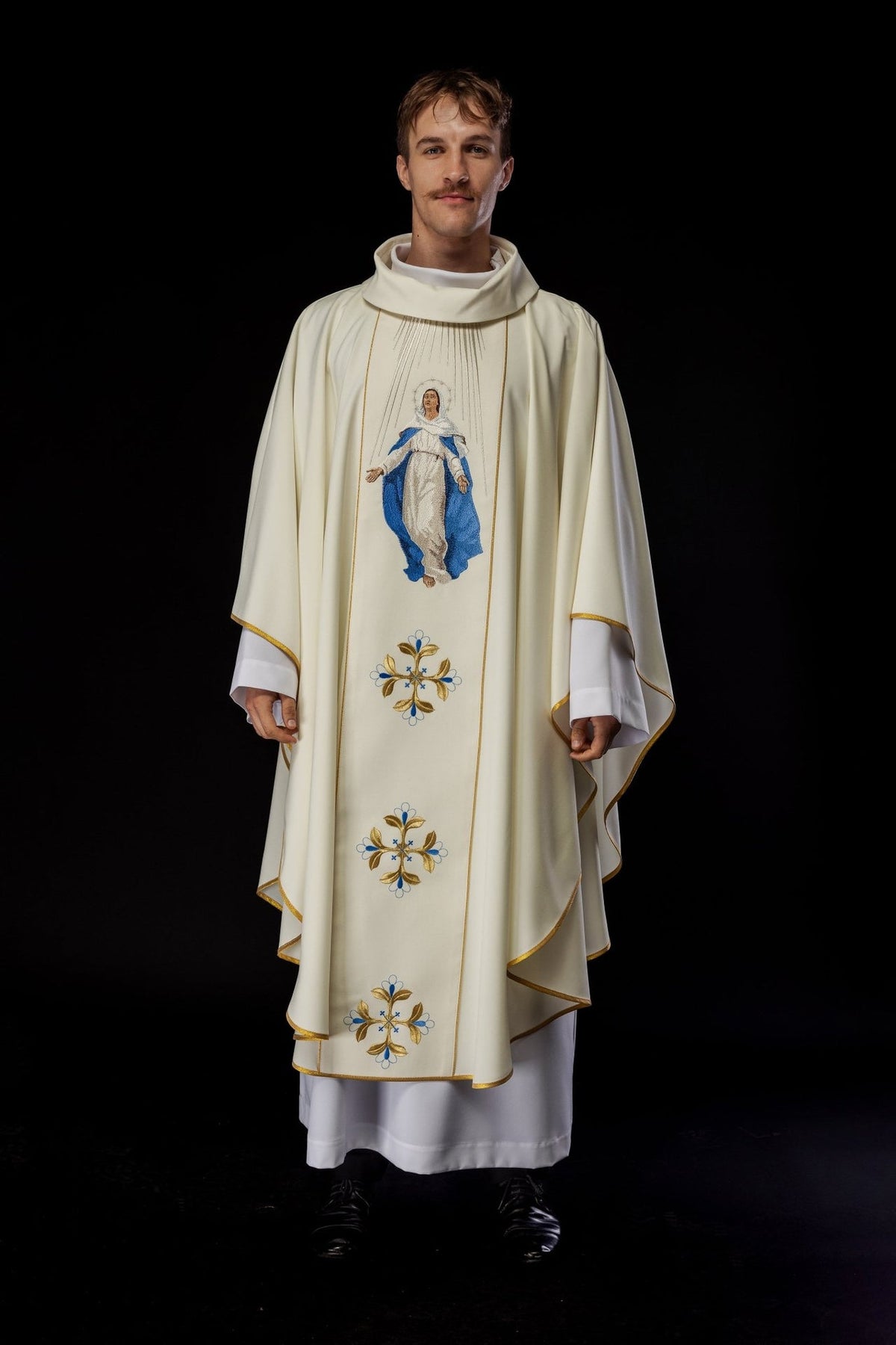 Ivory chasuble front view with embroidered Our Lady and gold trim