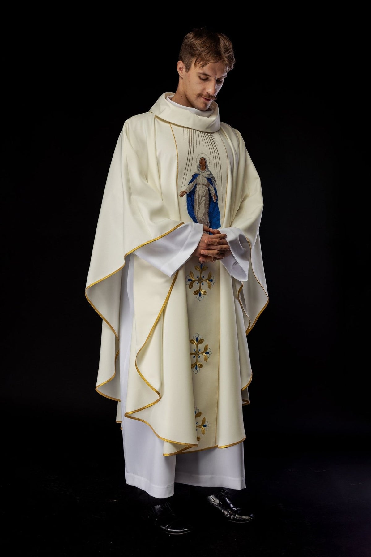 Ivory chasuble worn front view with Our Lady embroidery and gold trim