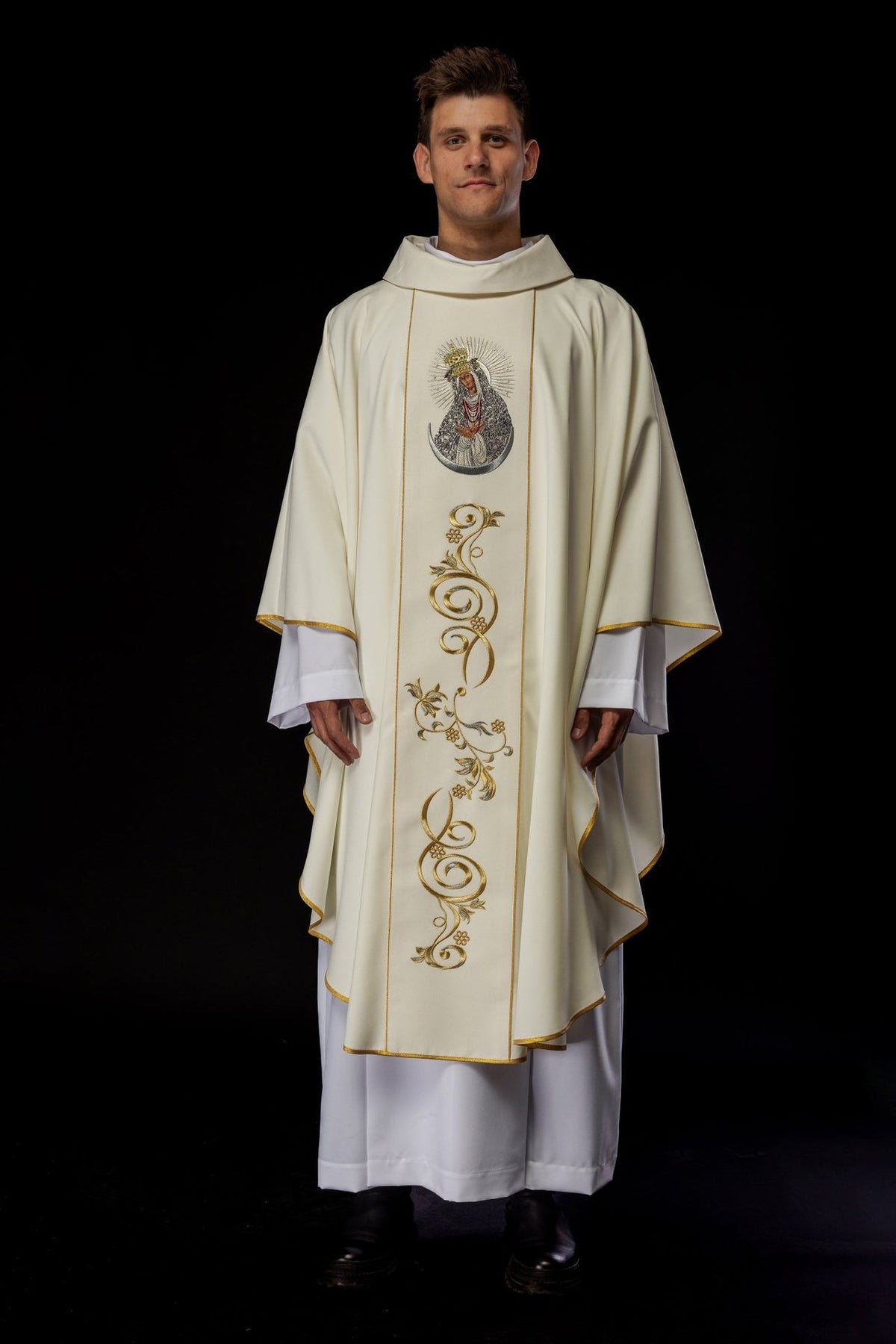 Ivory chasuble front view with Our Lady embroidery and gold floral orphrey