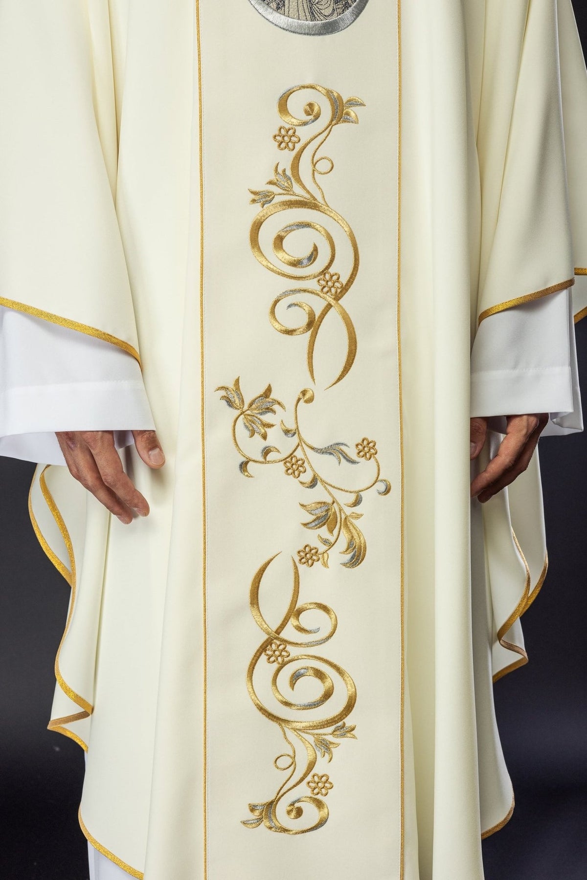 Chasuble close-up of gold and silver floral embroidery on the front orphrey