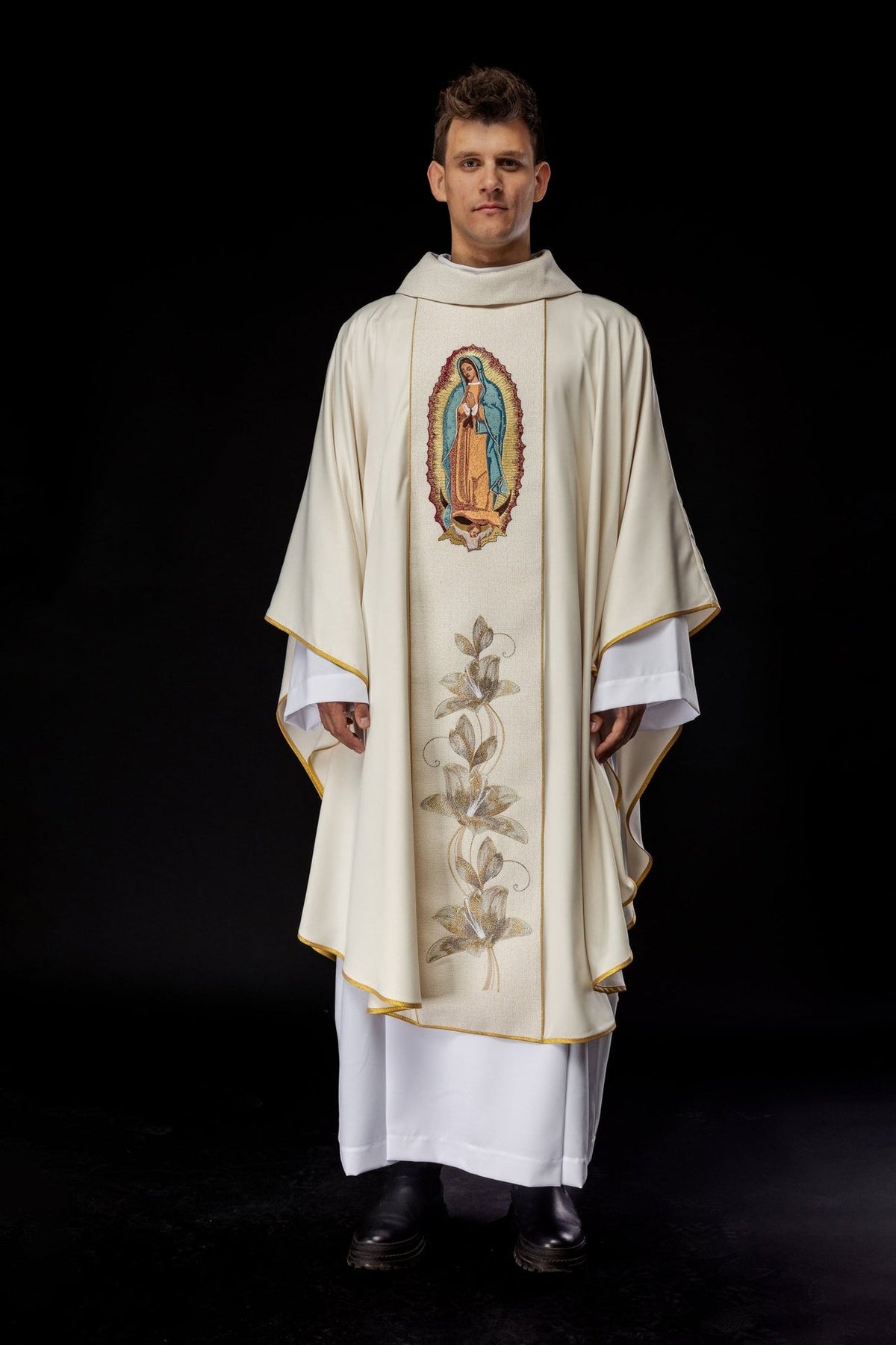 Gold chasuble front view with Our Lady of Guadalupe and floral orphrey
