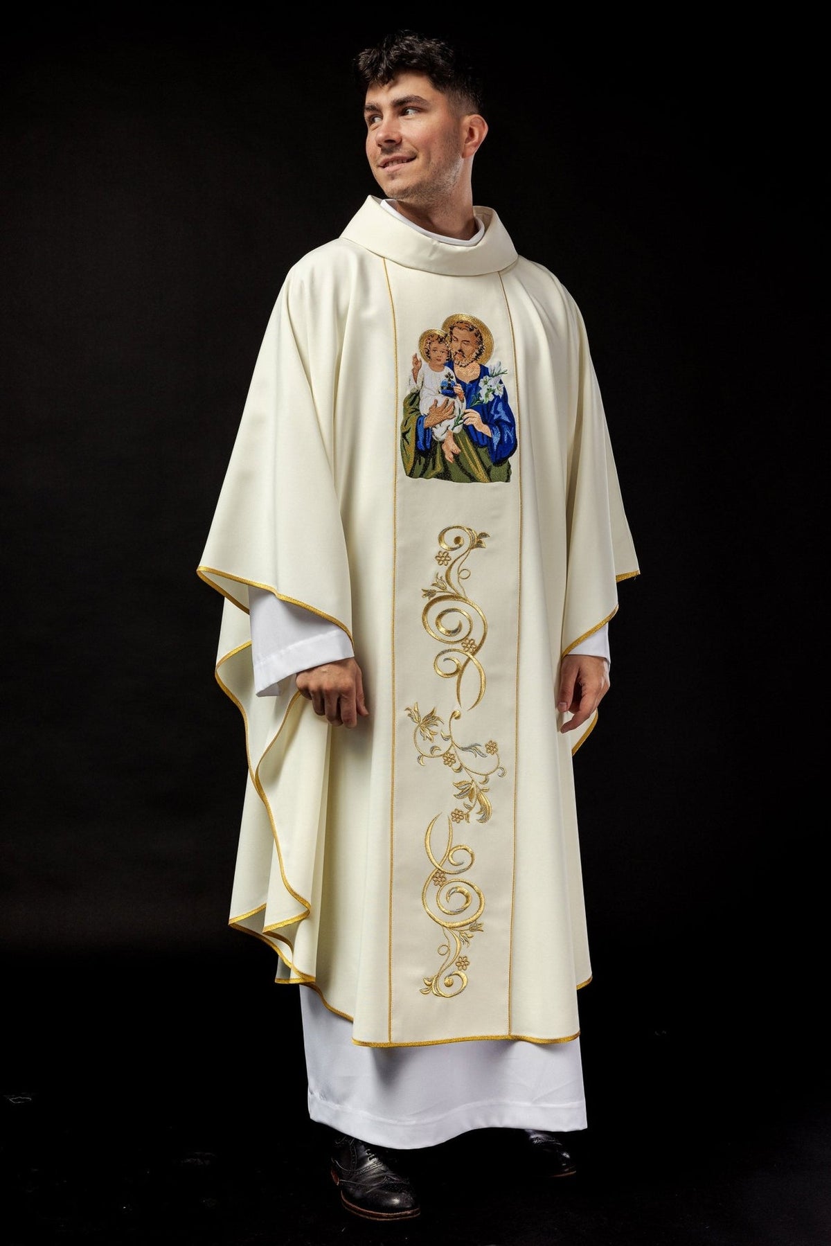 Saint Joseph chasuble, full front view with embroidered image and gold orphrey