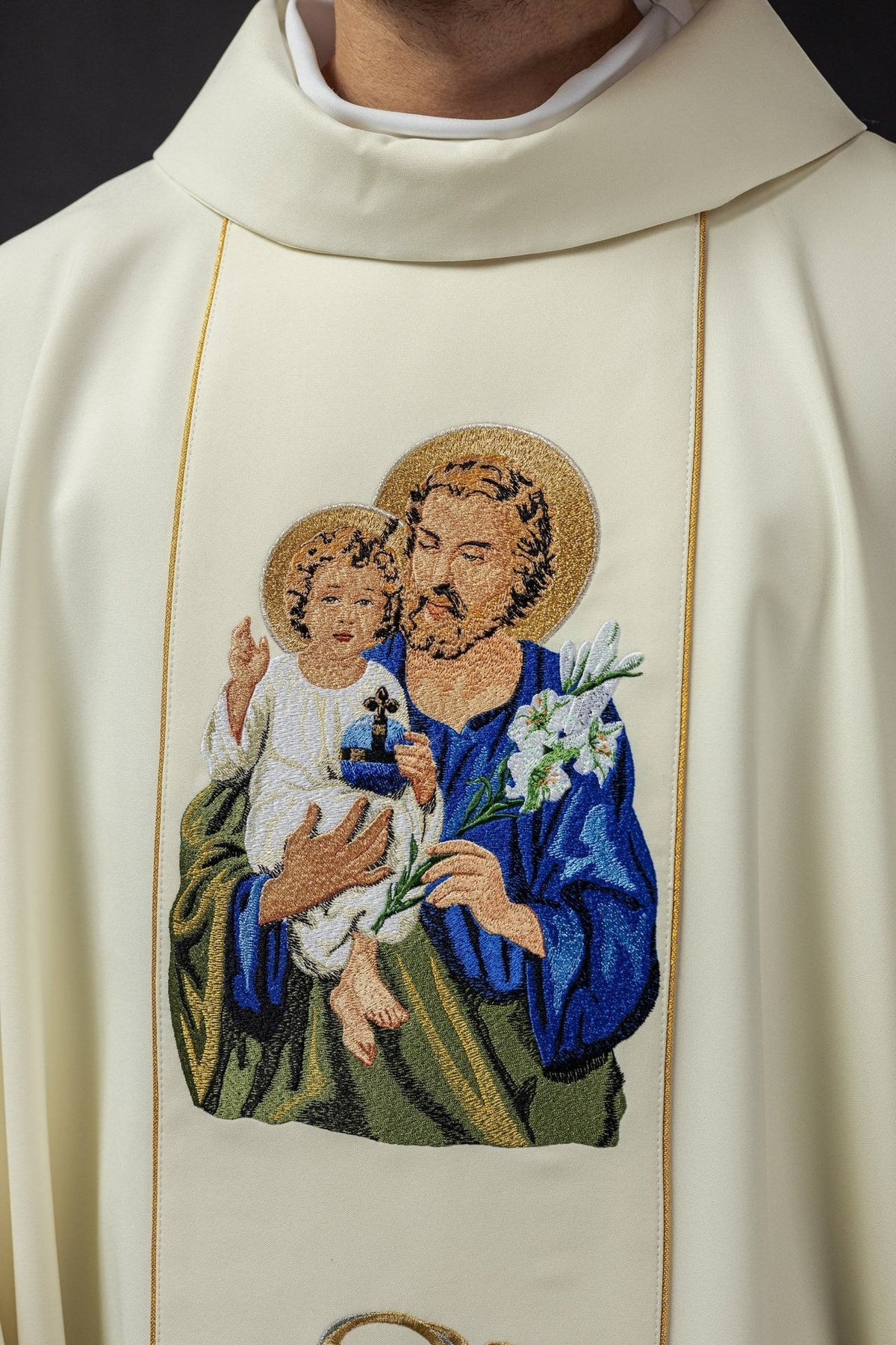 Saint Joseph chasuble, close-up of embroidered front image and gold trim