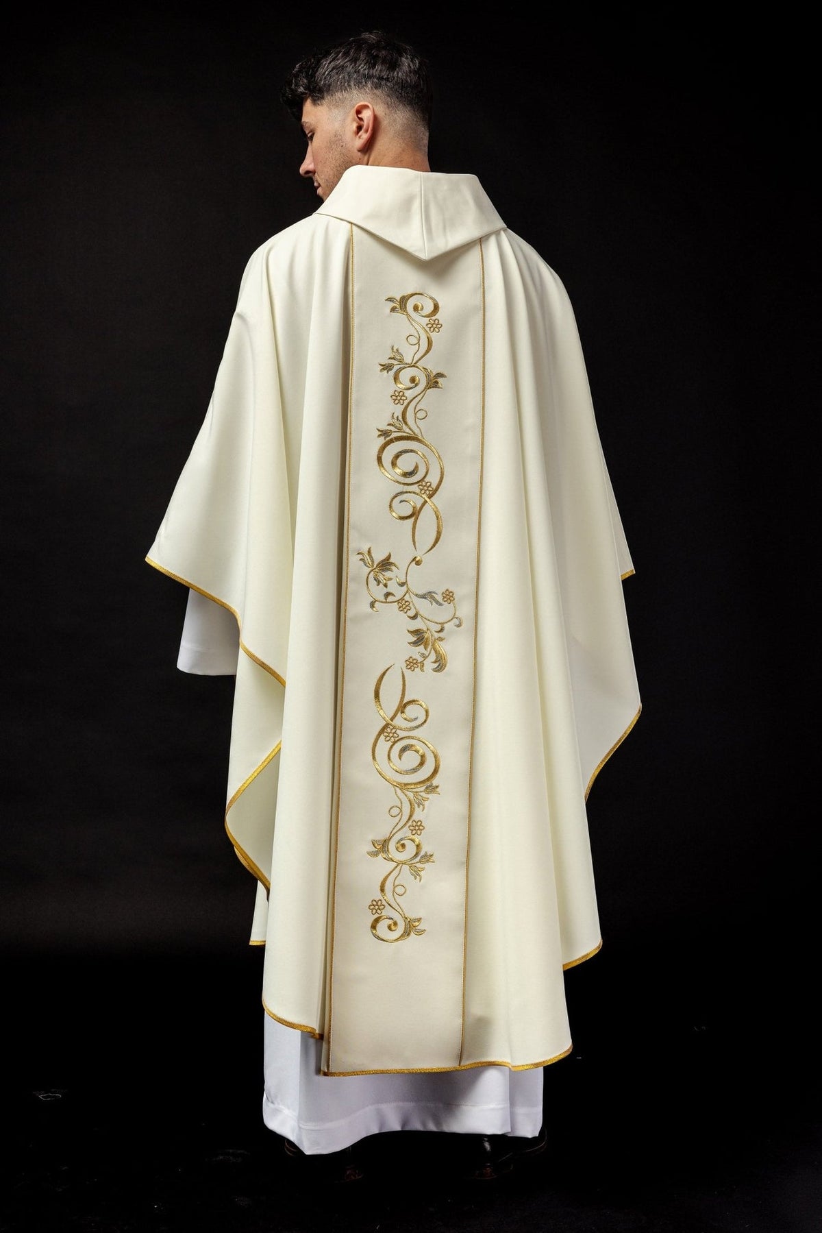 Saint Joseph chasuble, full back view with gold floral embroidery