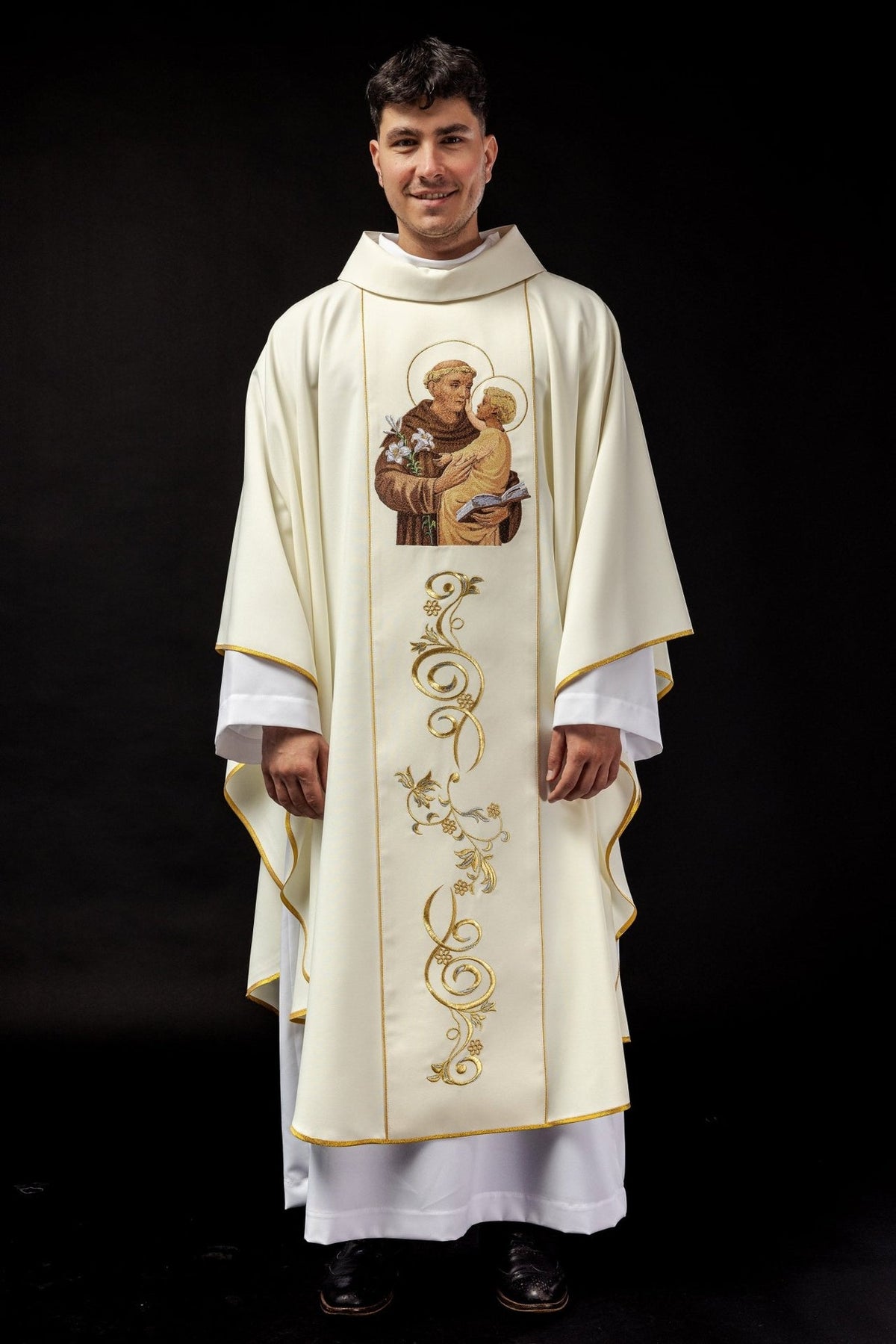 Saint Anthony chasuble, full front view with embroidered image and gold scrollwork