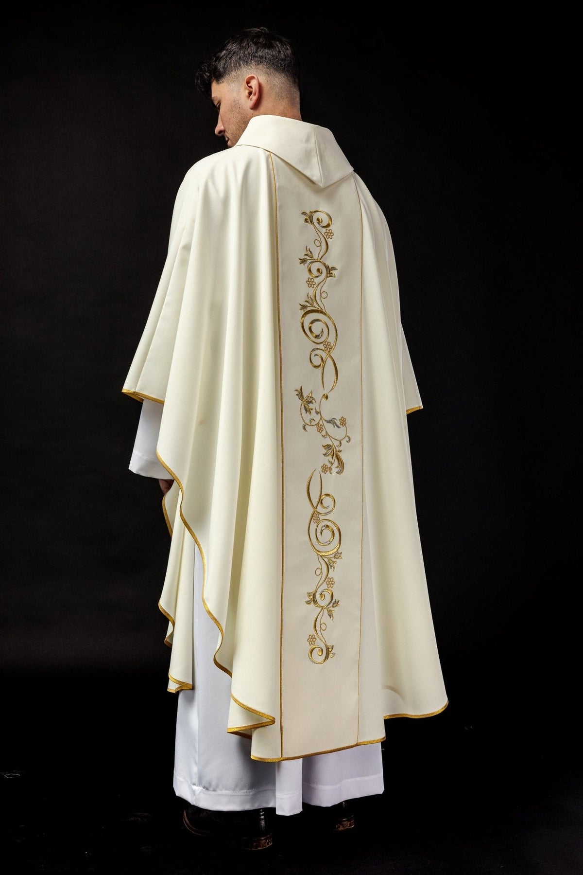 Saint Anthony chasuble, rear three-quarter view with gold orphrey and trim