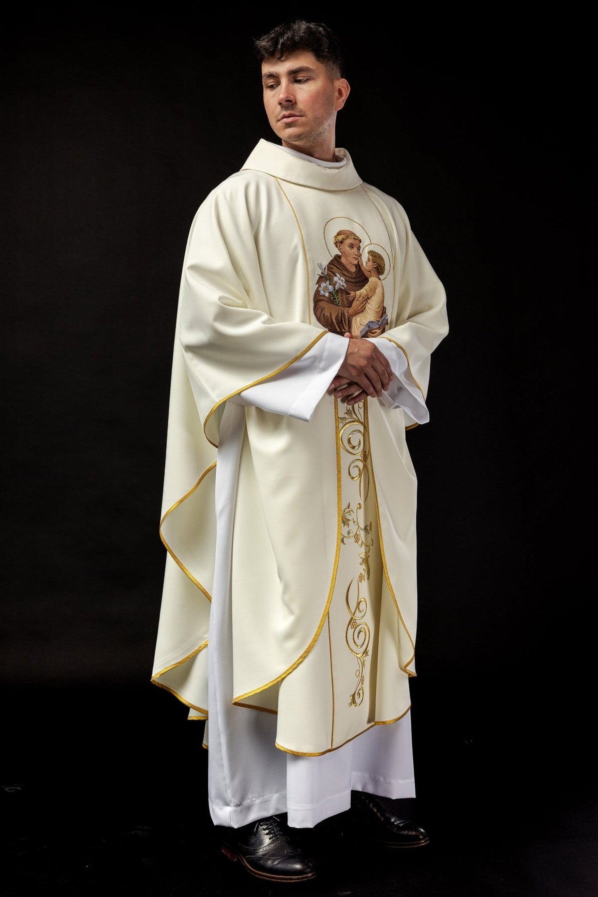 Saint Anthony chasuble, worn front three-quarter view with embroidered image