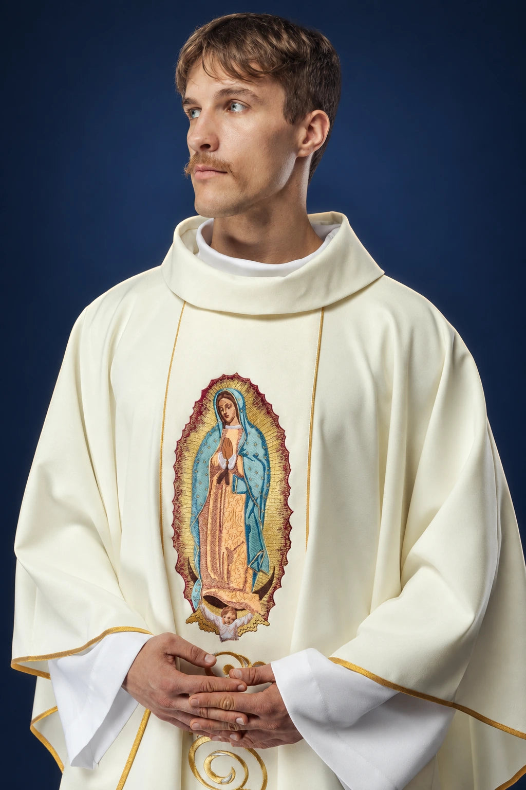 Embroidered Chasuble with Our Lady of Guadalupe, front view in ivory with gold trim