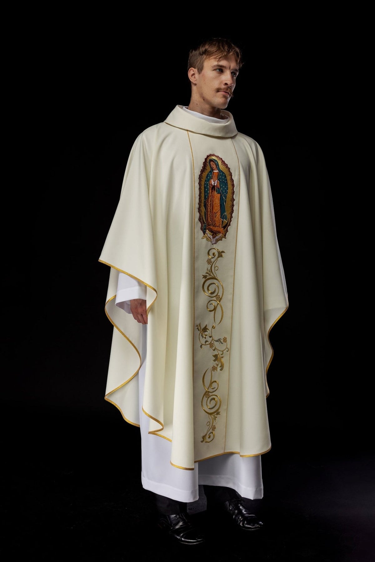 Ivory chasuble worn front view with Our Lady embroidery and gold orphrey