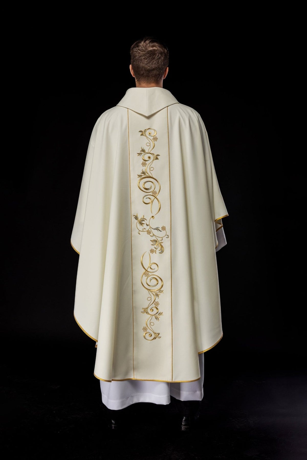 Ivory chasuble back detail with gold floral embroidery
